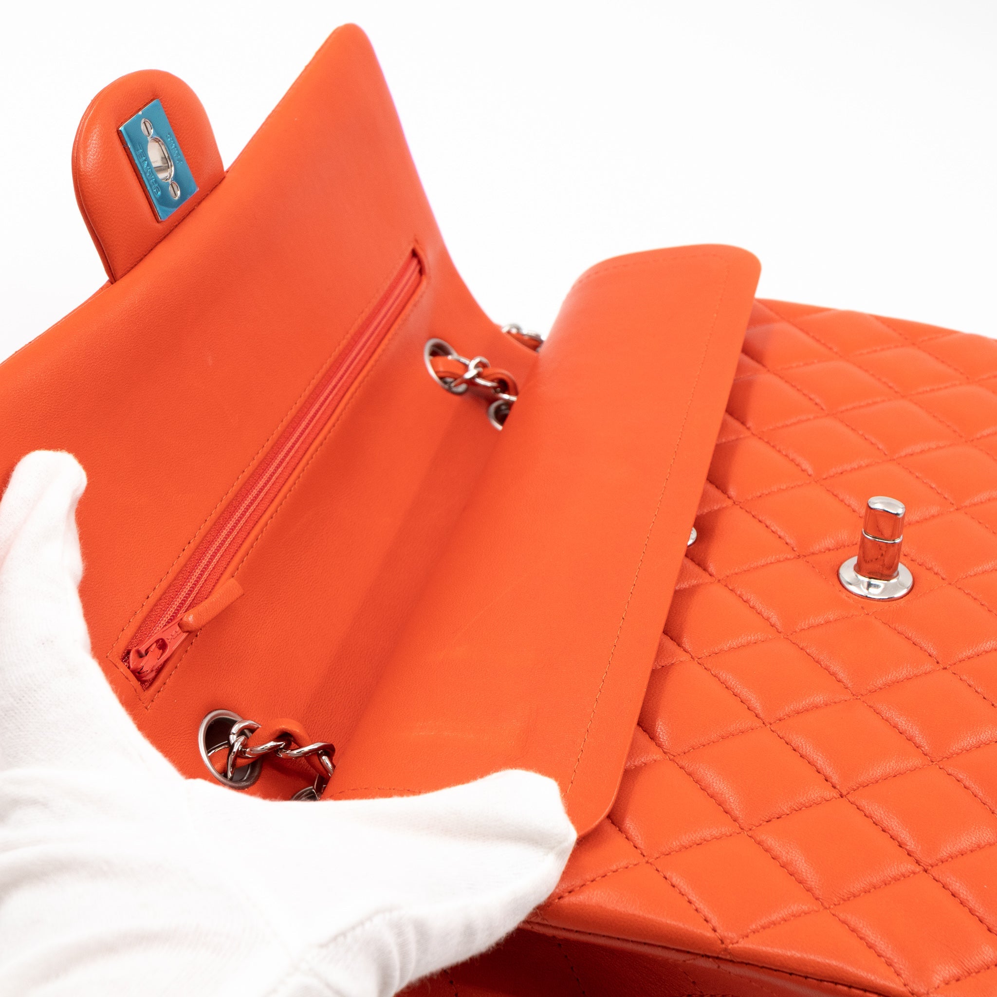Classic Double Flap Bag Medium Orange Red Leather Silver