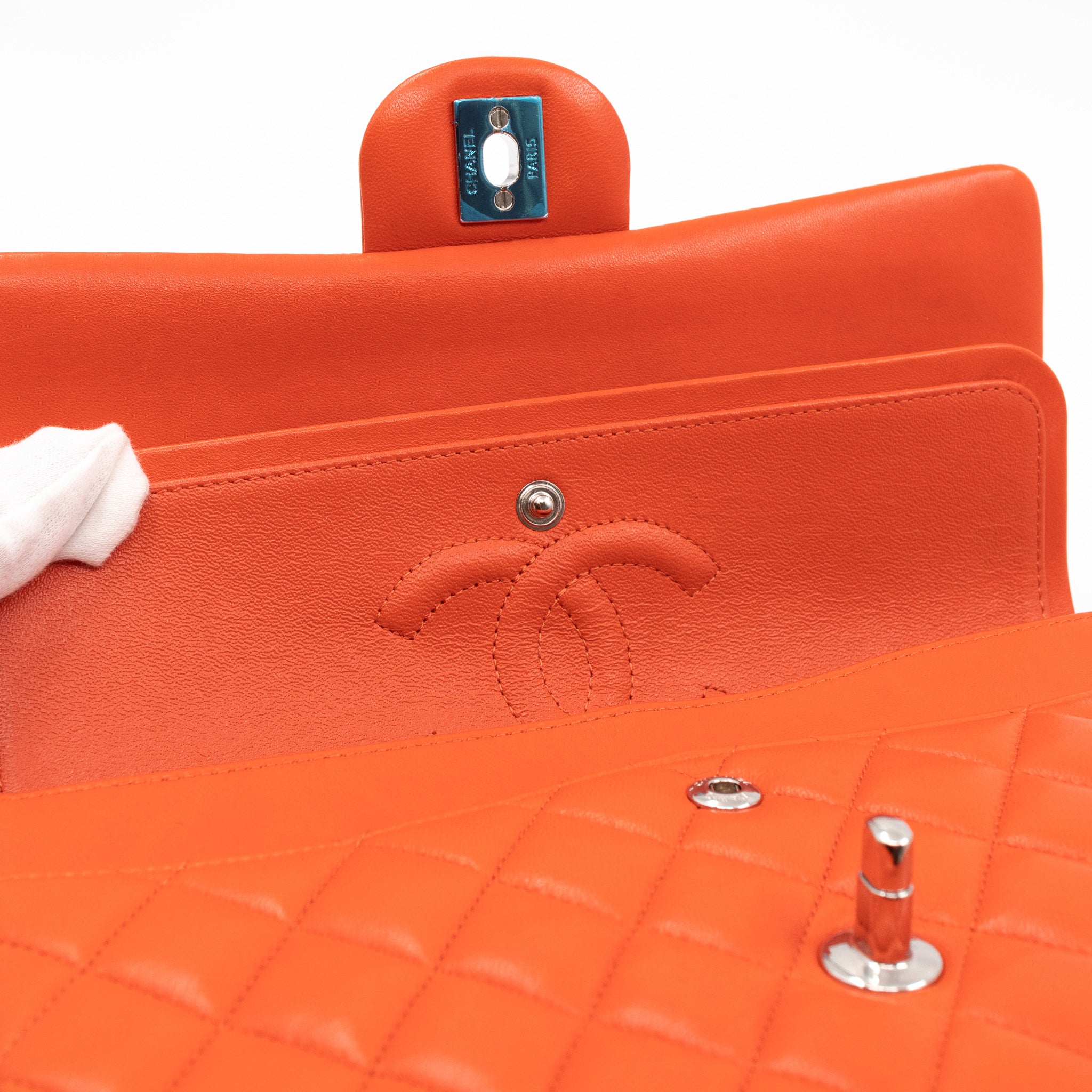 Classic Double Flap Bag Medium Orange Red Leather Silver