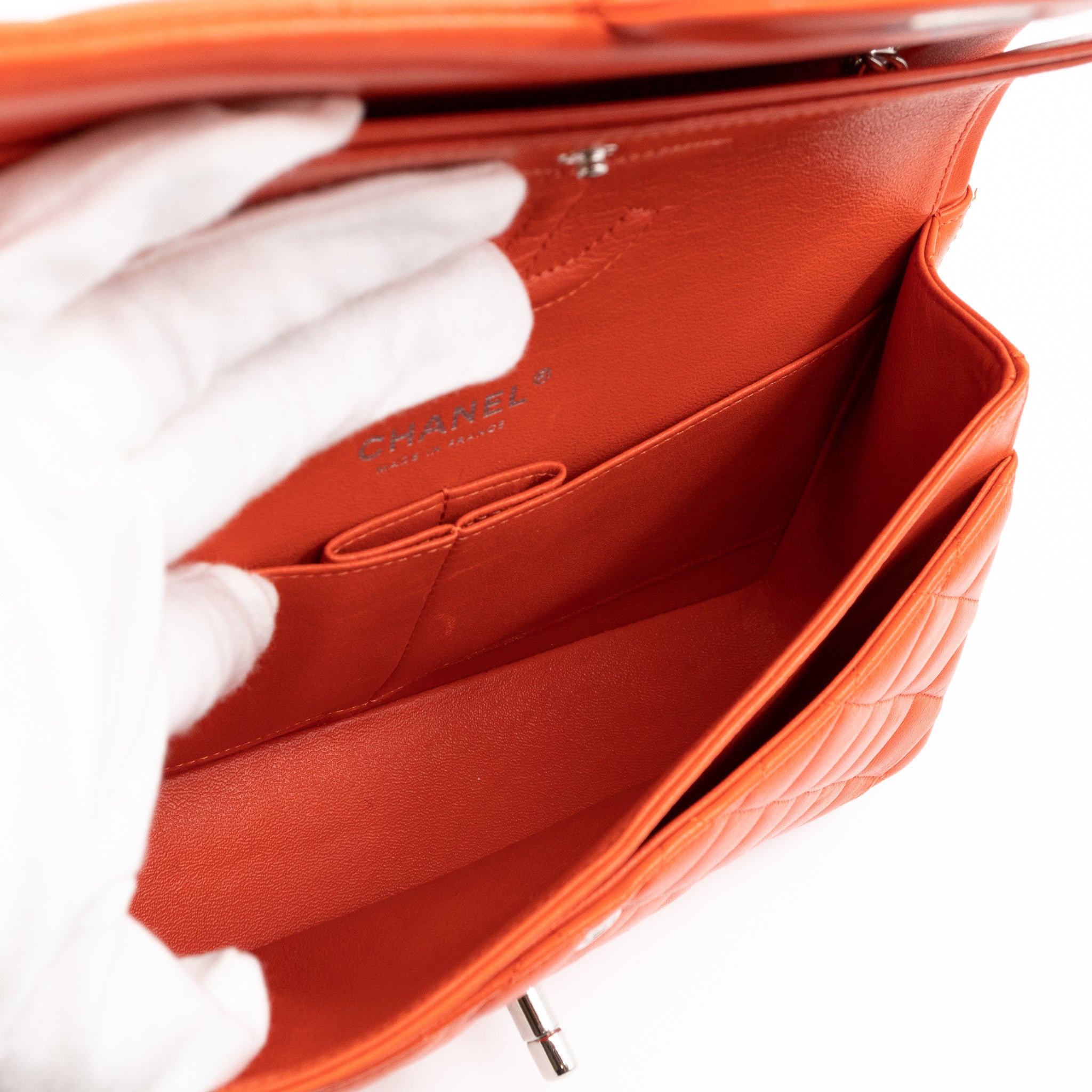 Classic Double Flap Bag Medium Orange Red Leather Silver