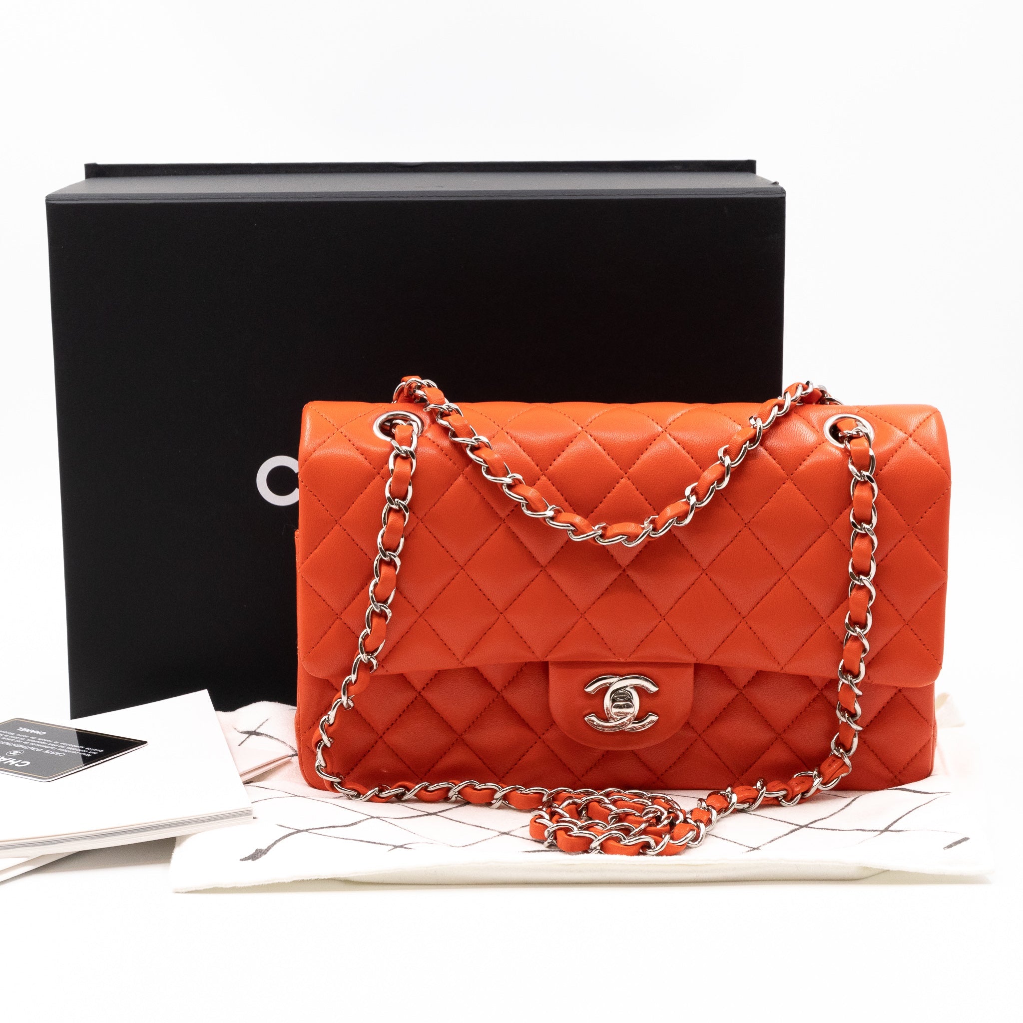 Classic Double Flap Bag Medium Orange Red Leather Silver