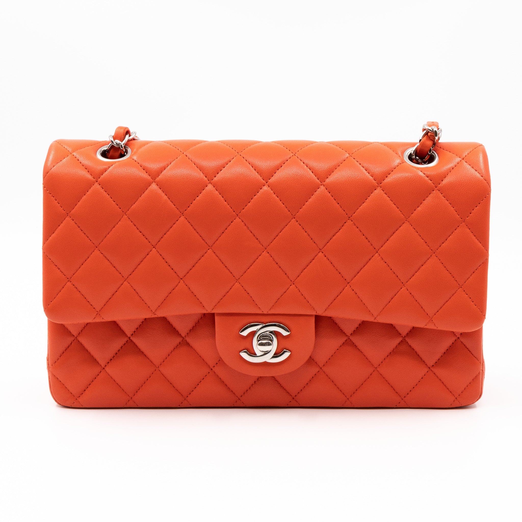 Classic Double Flap Bag Medium Orange Red Leather Silver