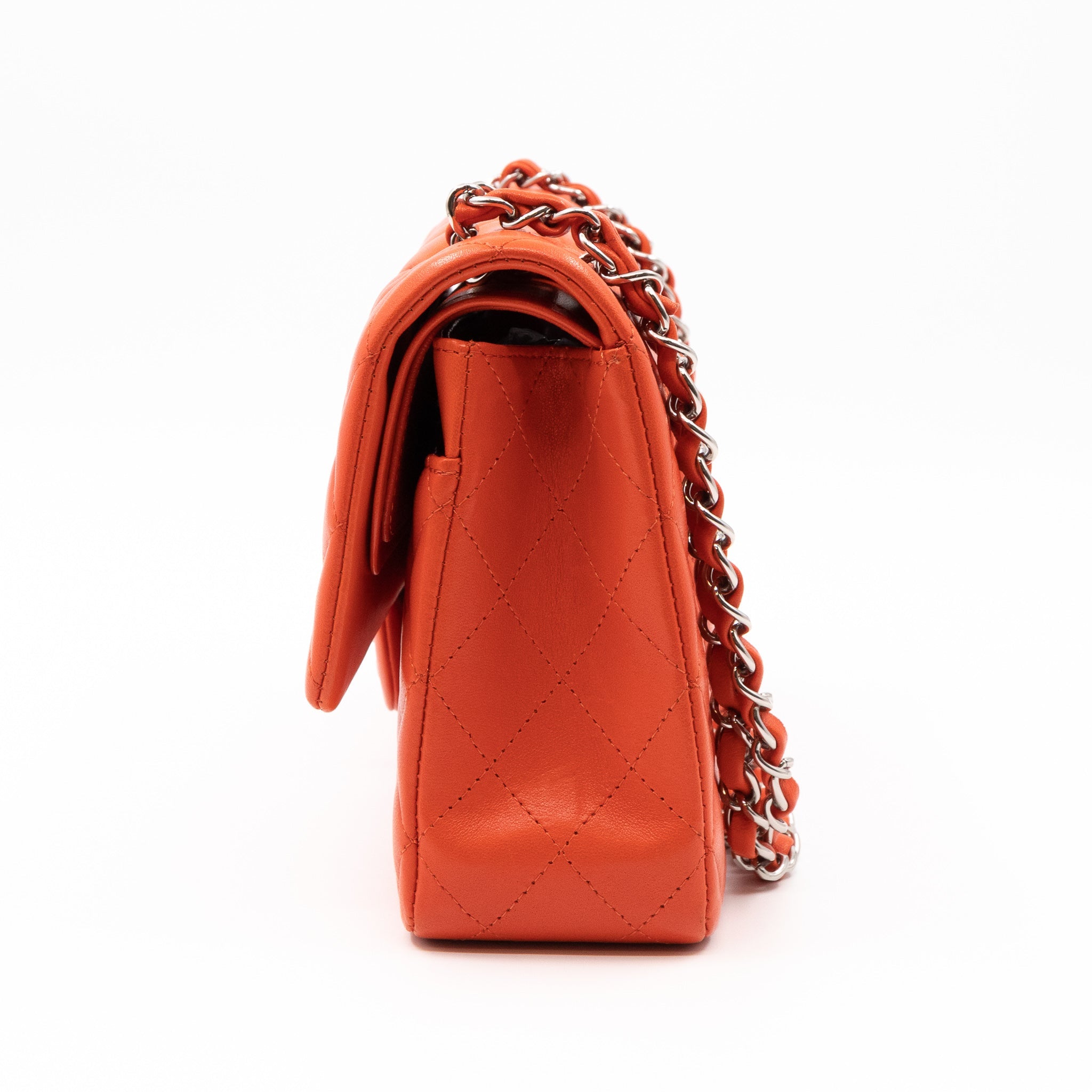 Classic Double Flap Bag Medium Orange Red Leather Silver