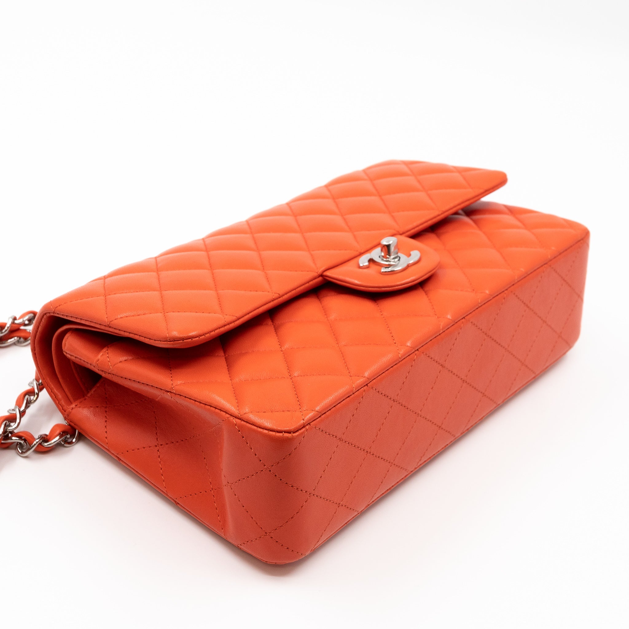 Classic Double Flap Bag Medium Orange Red Leather Silver