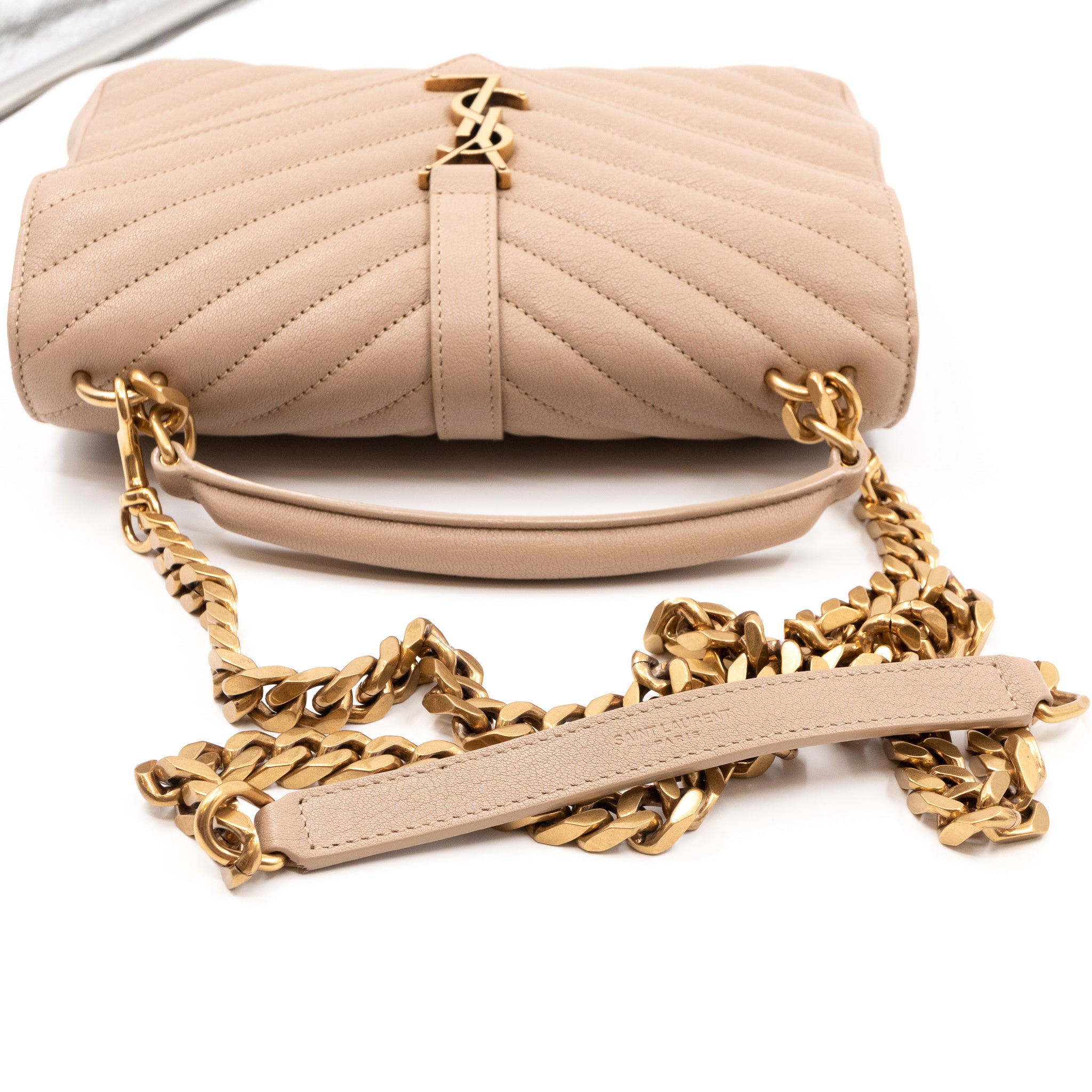 College Medium Chevron Quilted Dark Beige Leather