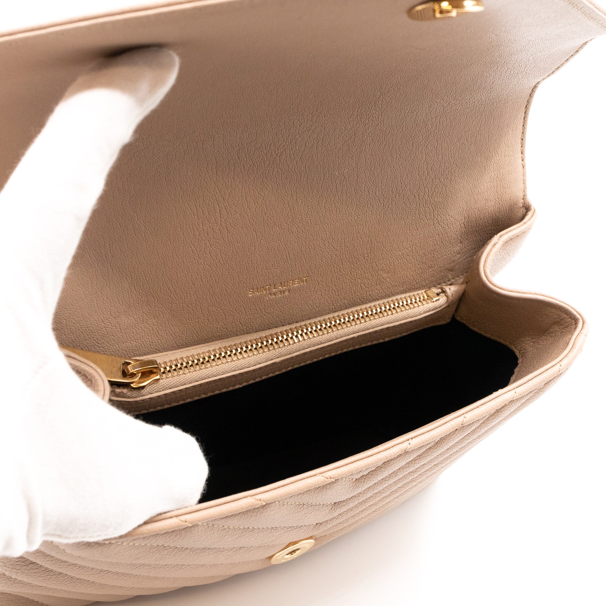 College Medium Chevron Quilted Dark Beige Leather