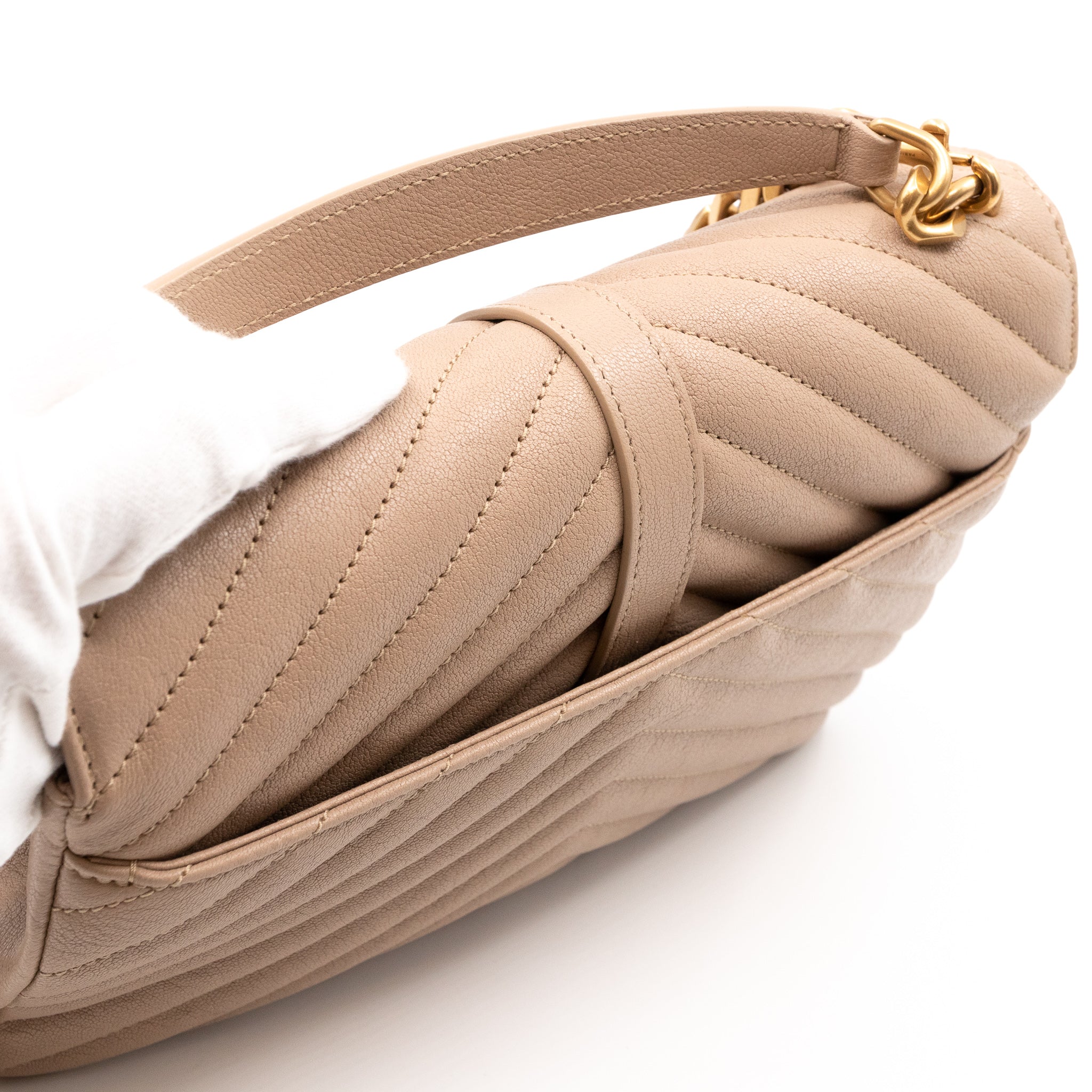 College Medium Chevron Quilted Dark Beige Leather