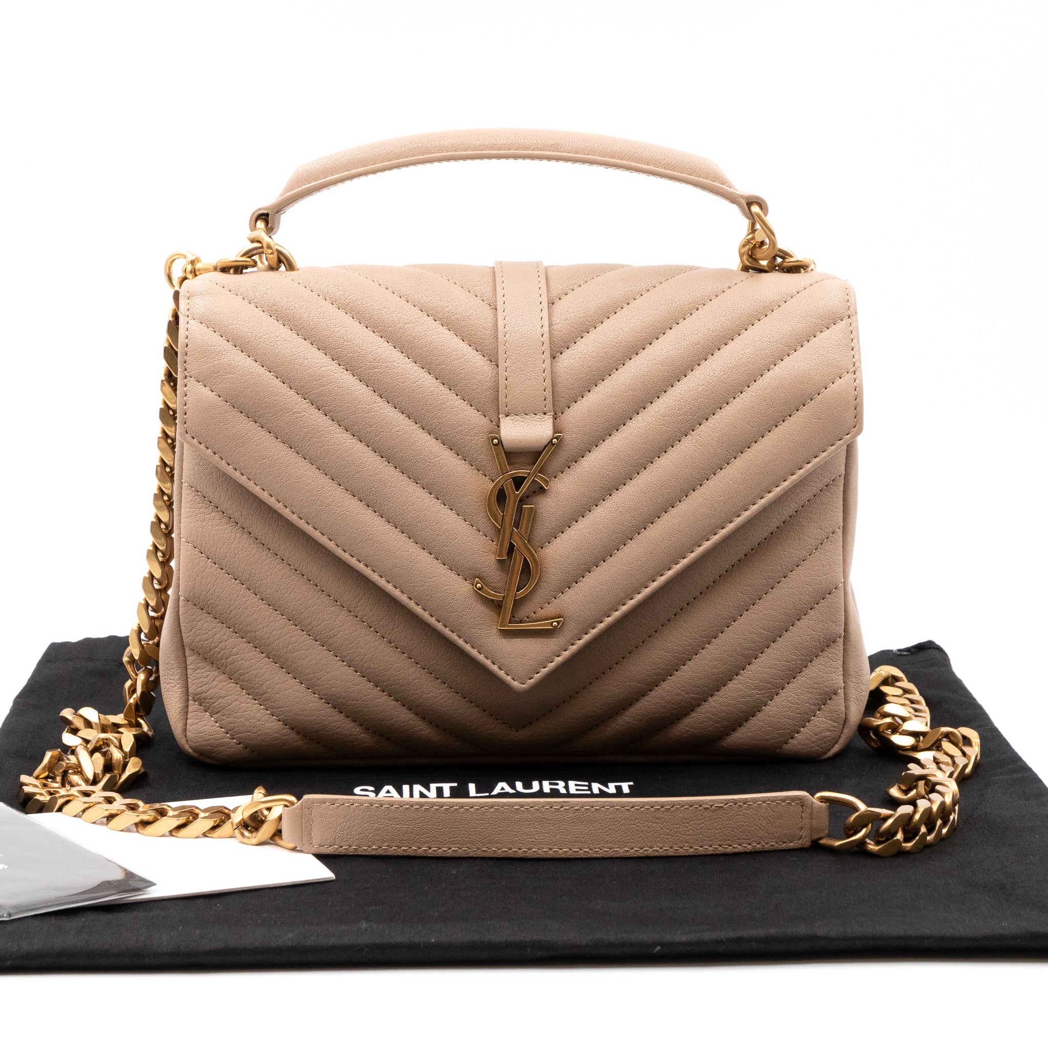 College Medium Chevron Quilted Dark Beige Leather