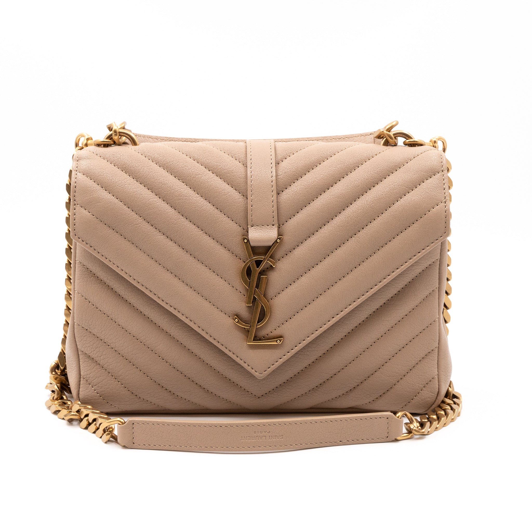 College Medium Chevron Quilted Dark Beige Leather