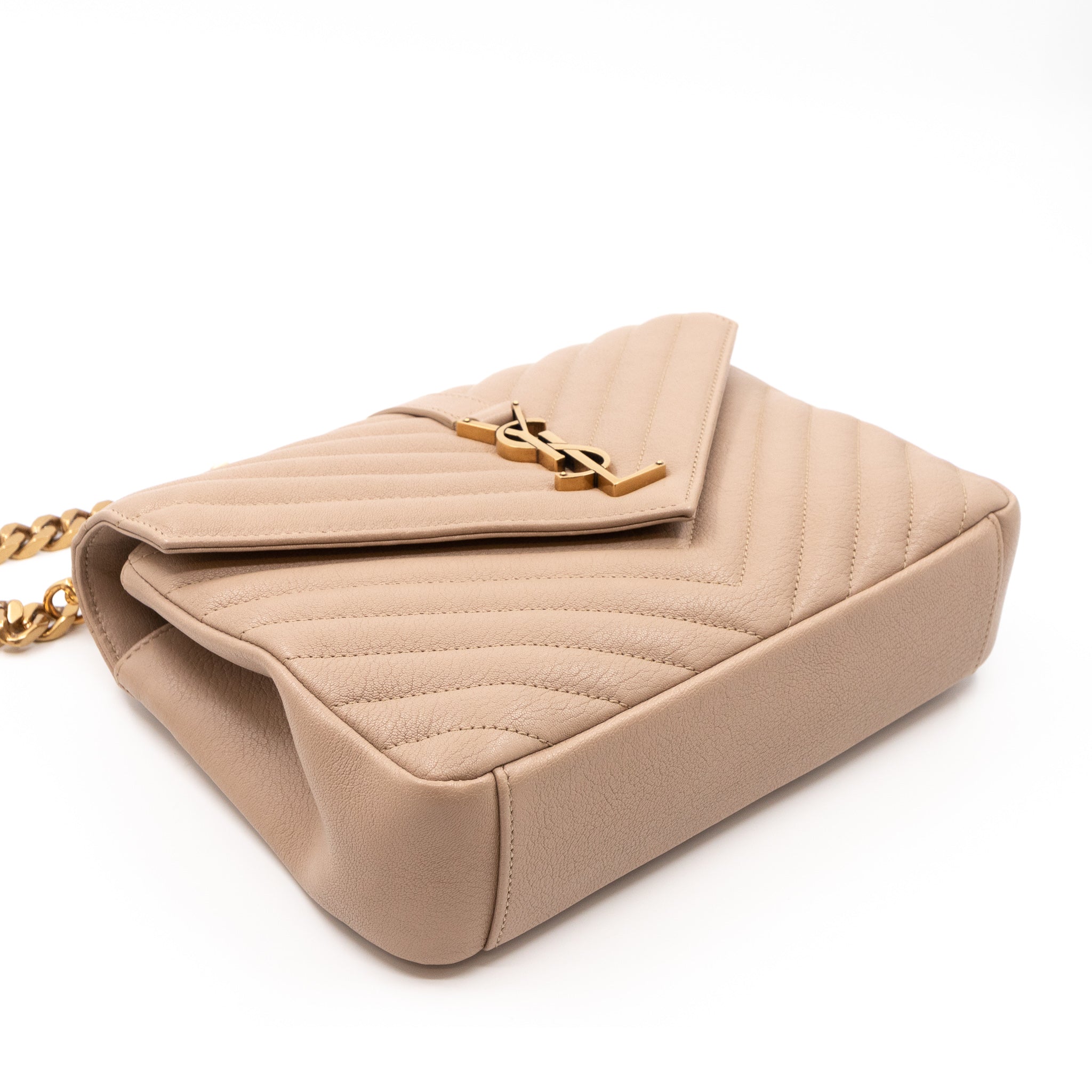 College Medium Chevron Quilted Dark Beige Leather