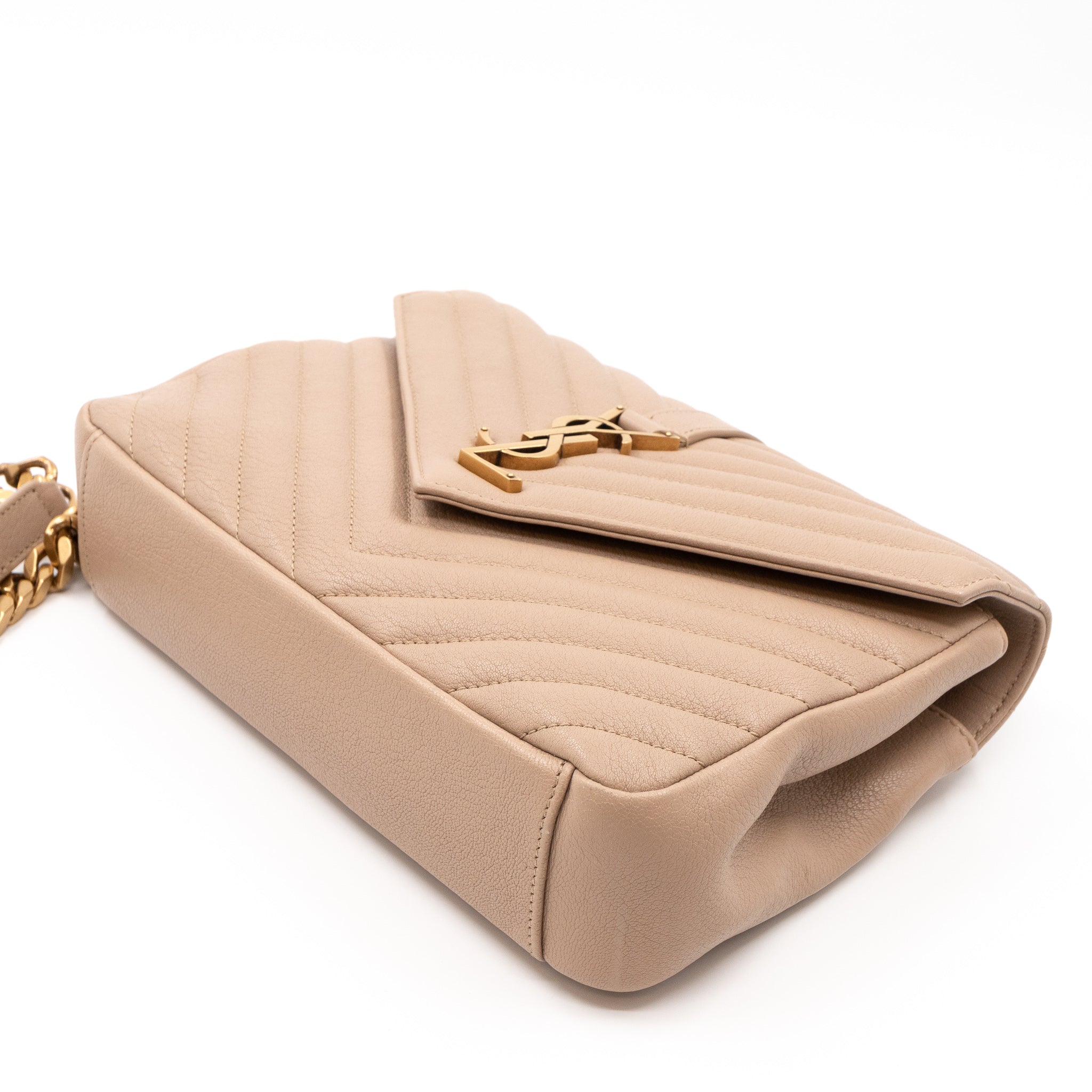 College Medium Chevron Quilted Dark Beige Leather