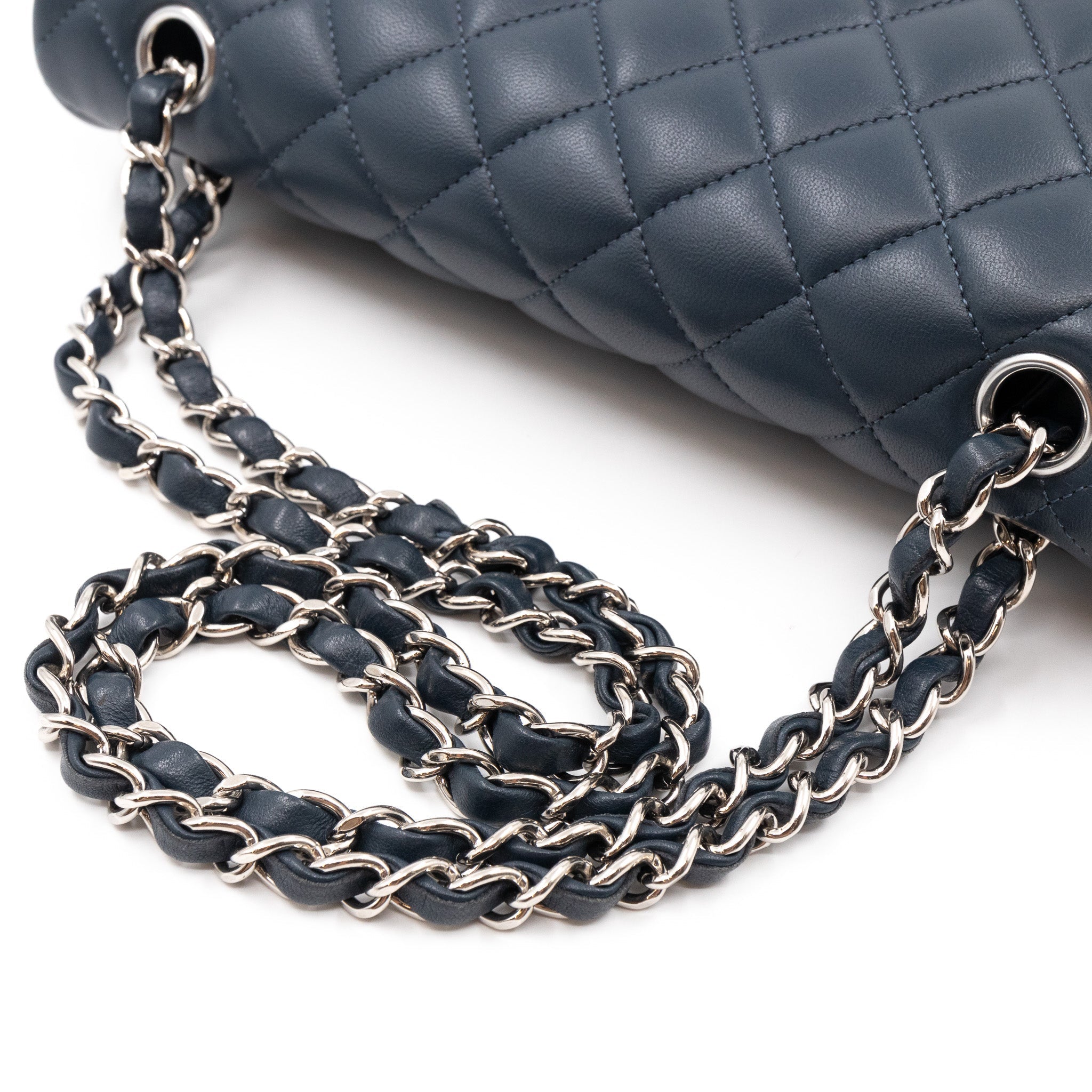 Classic Double Flap Bag Medium Navy Blue Leather Silver