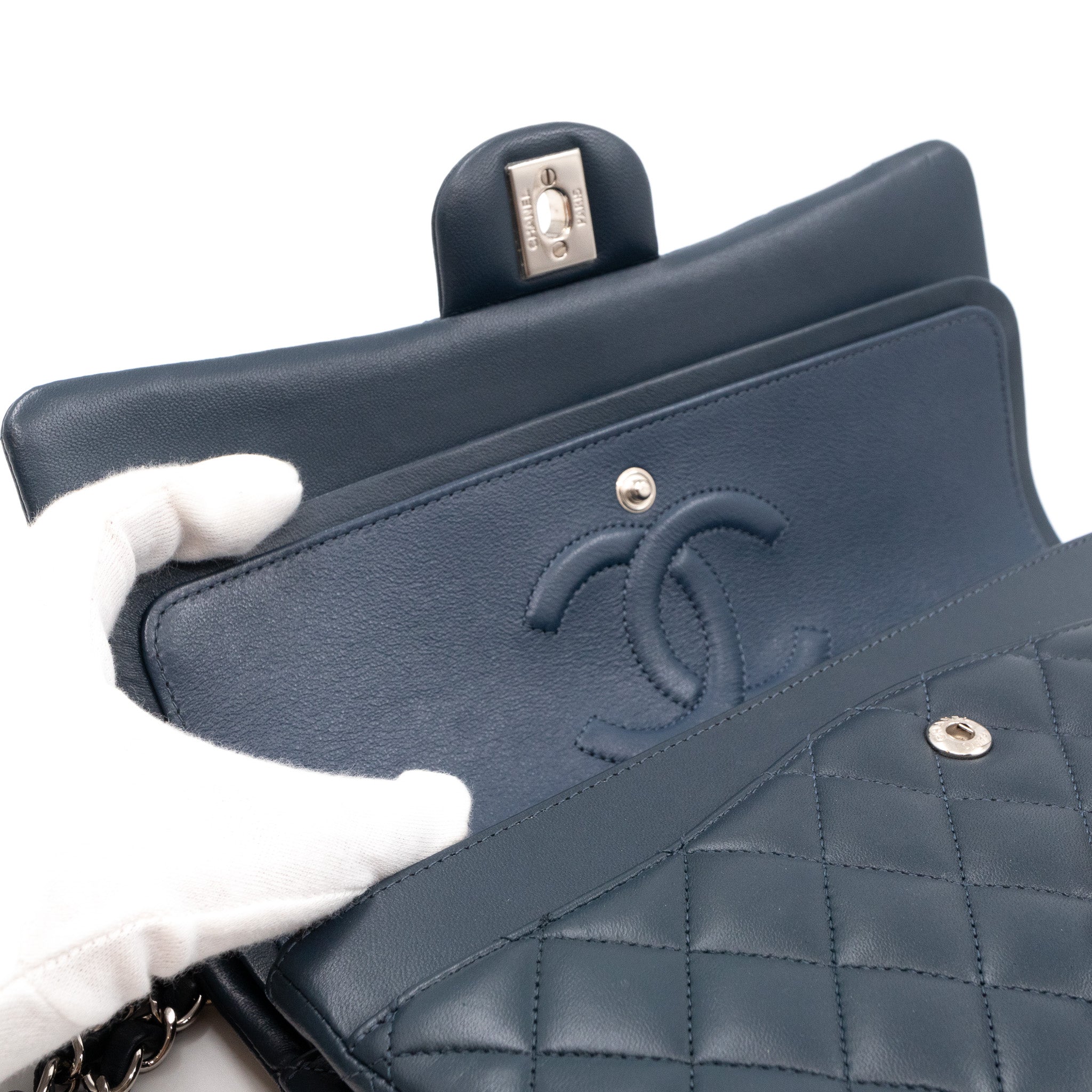 Classic Double Flap Bag Medium Navy Blue Leather Silver