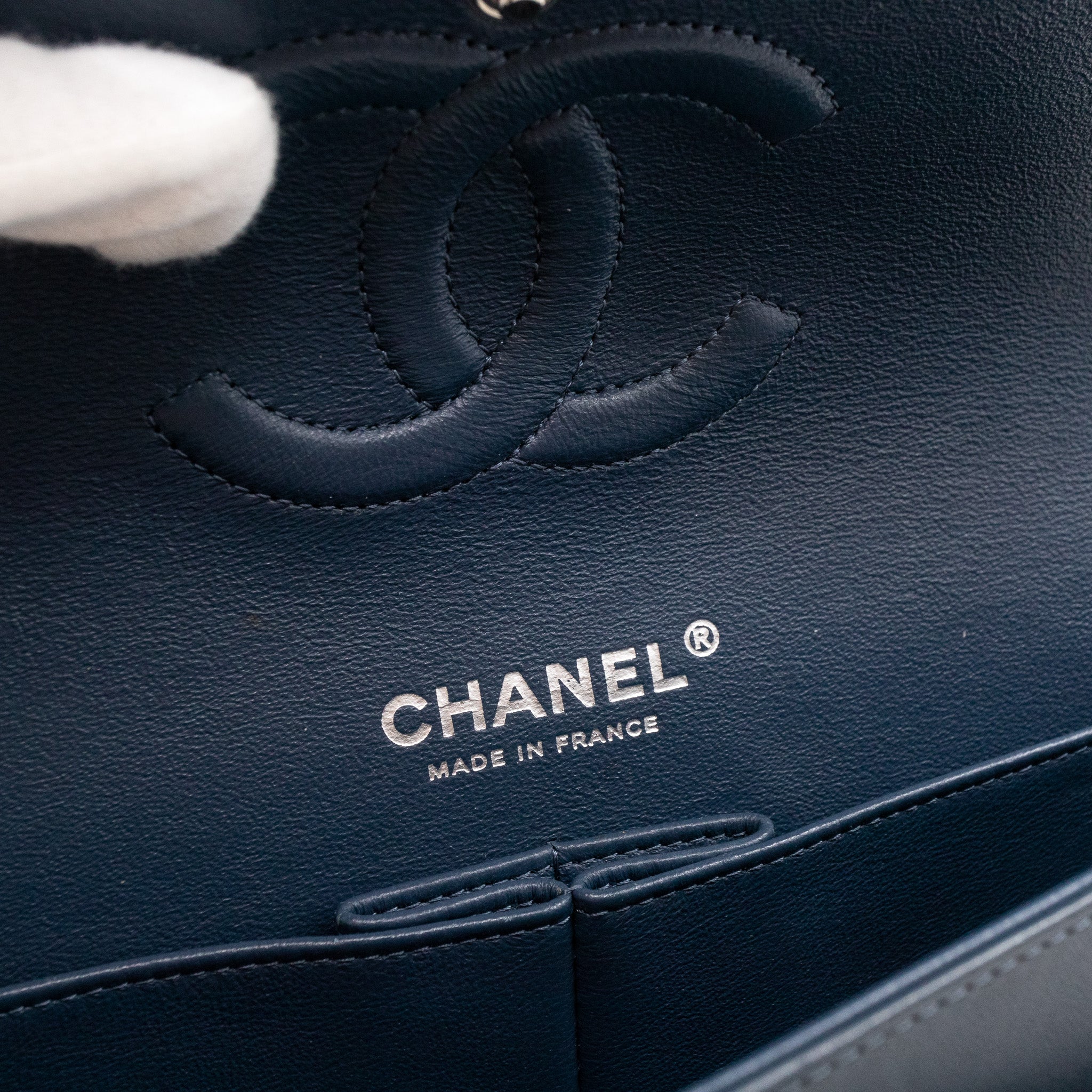 Classic Double Flap Bag Medium Navy Blue Leather Silver