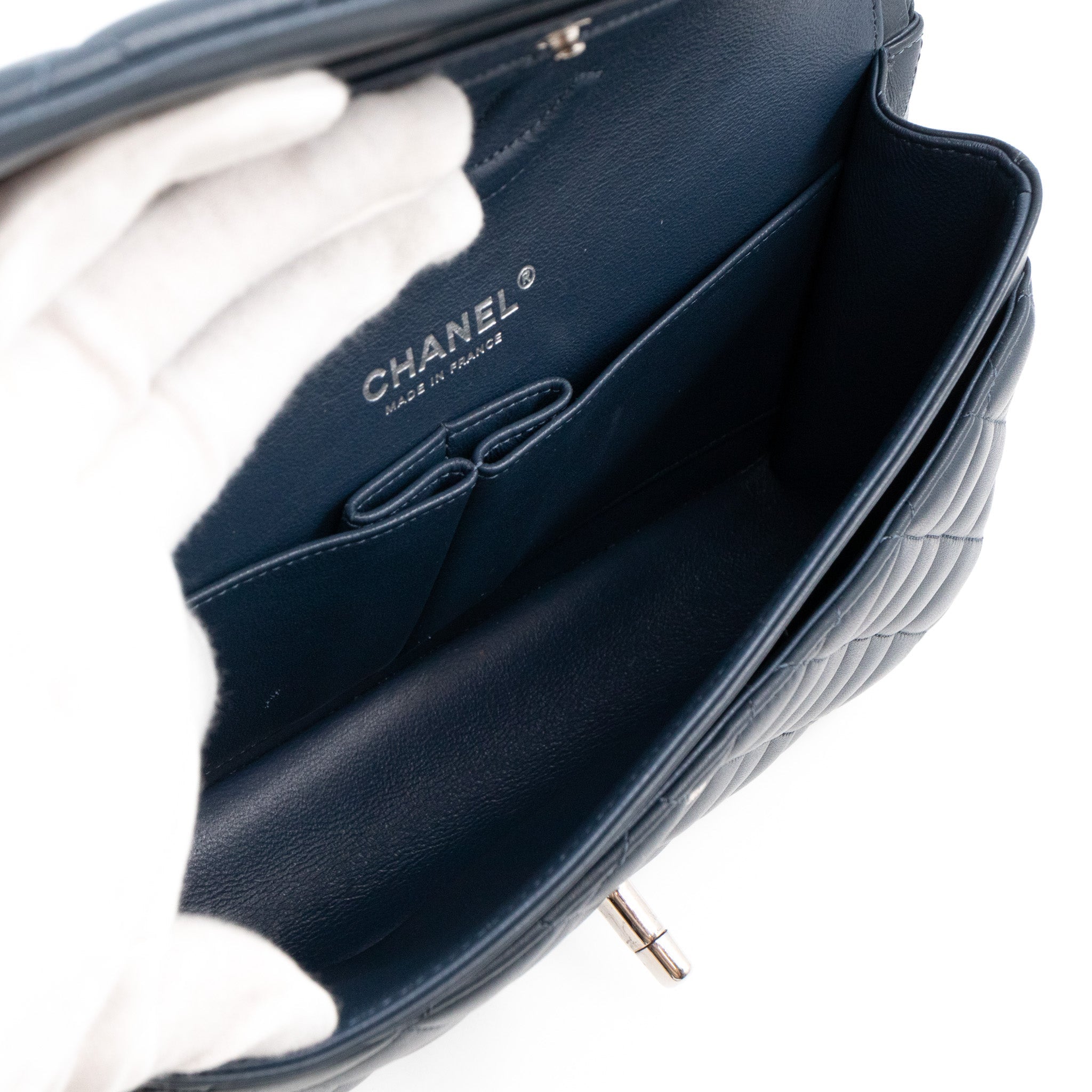 Classic Double Flap Bag Medium Navy Blue Leather Silver