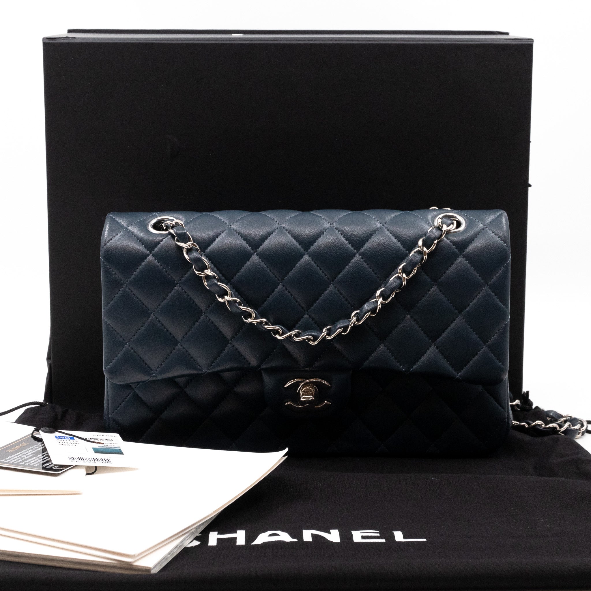 Classic Double Flap Bag Medium Navy Blue Leather Silver