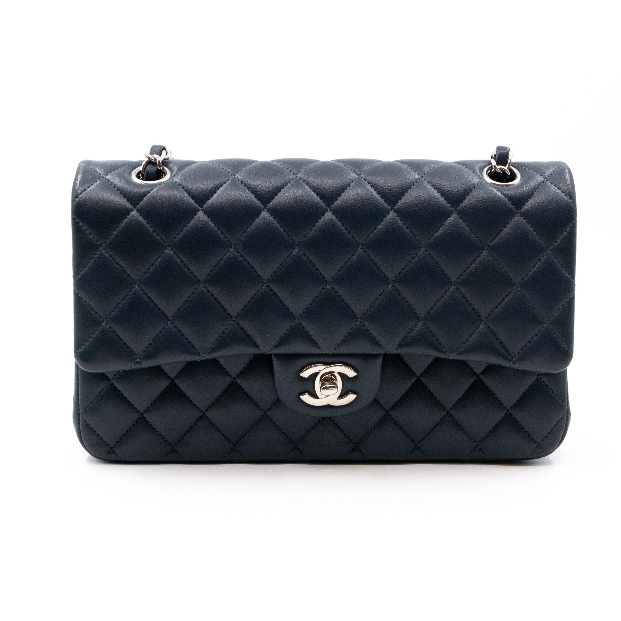 Classic Double Flap Bag Medium Navy Blue Leather Silver