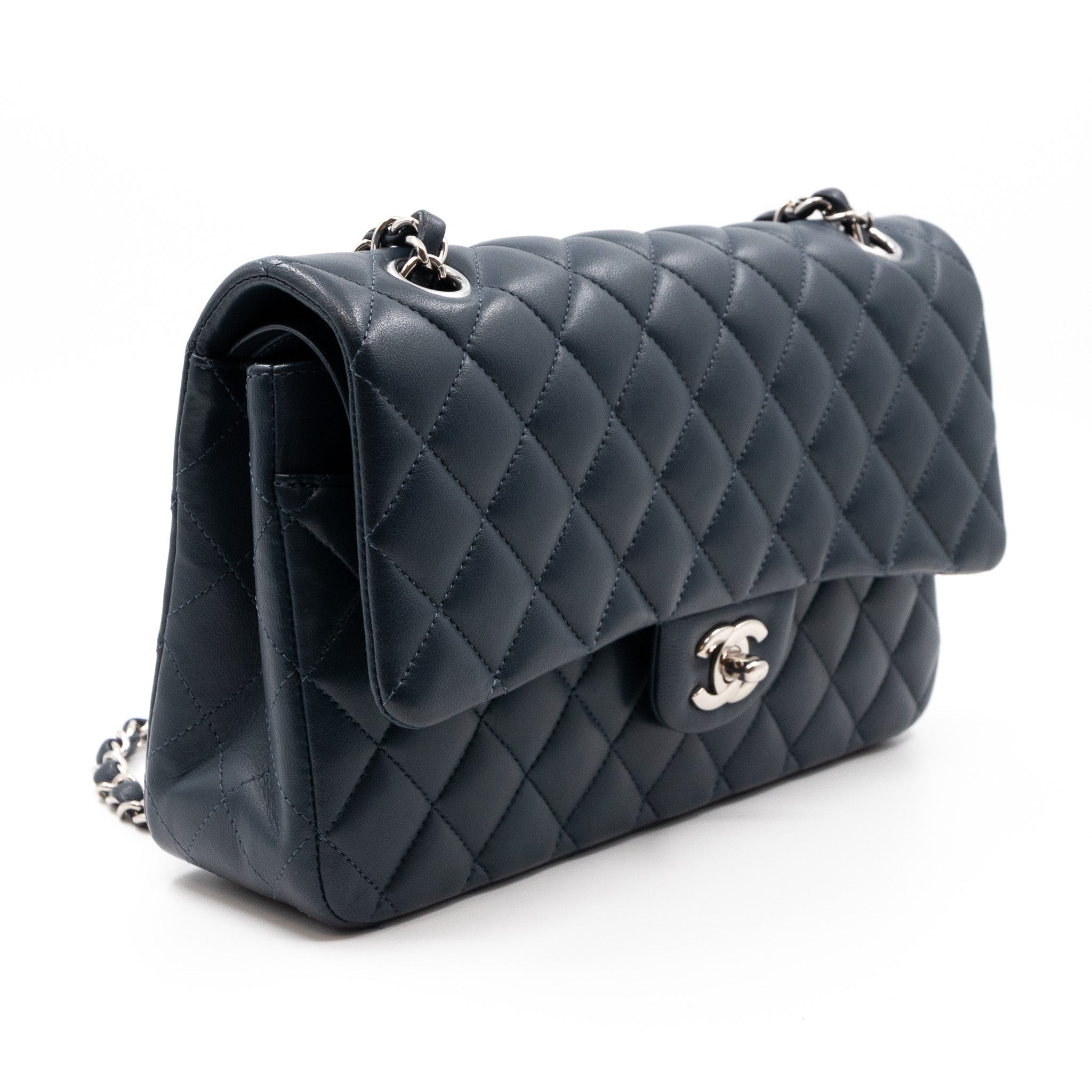 Classic Double Flap Bag Medium Navy Blue Leather Silver