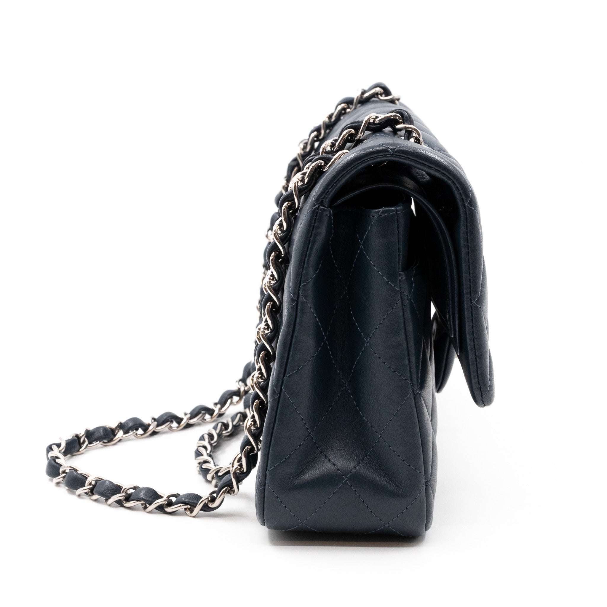 Classic Double Flap Bag Medium Navy Blue Leather Silver