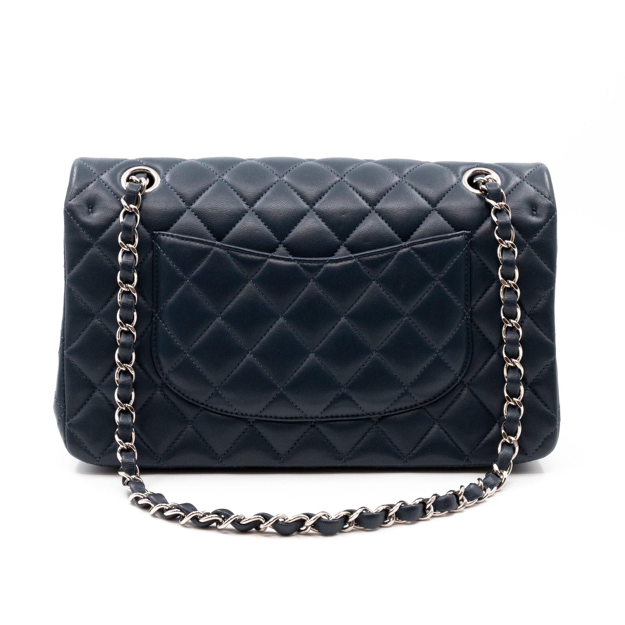 Classic Double Flap Bag Medium Navy Blue Leather Silver
