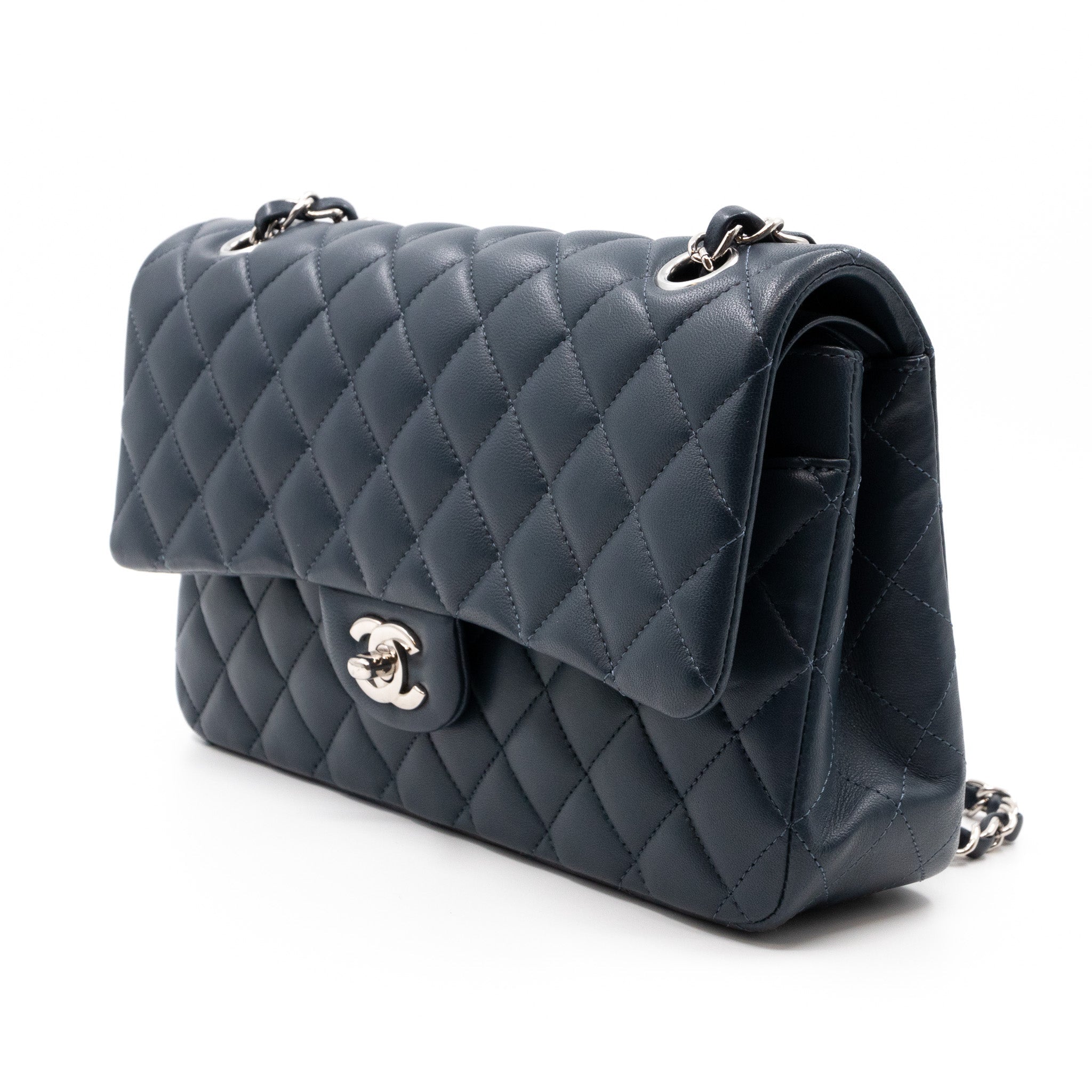 Classic Double Flap Bag Medium Navy Blue Leather Silver