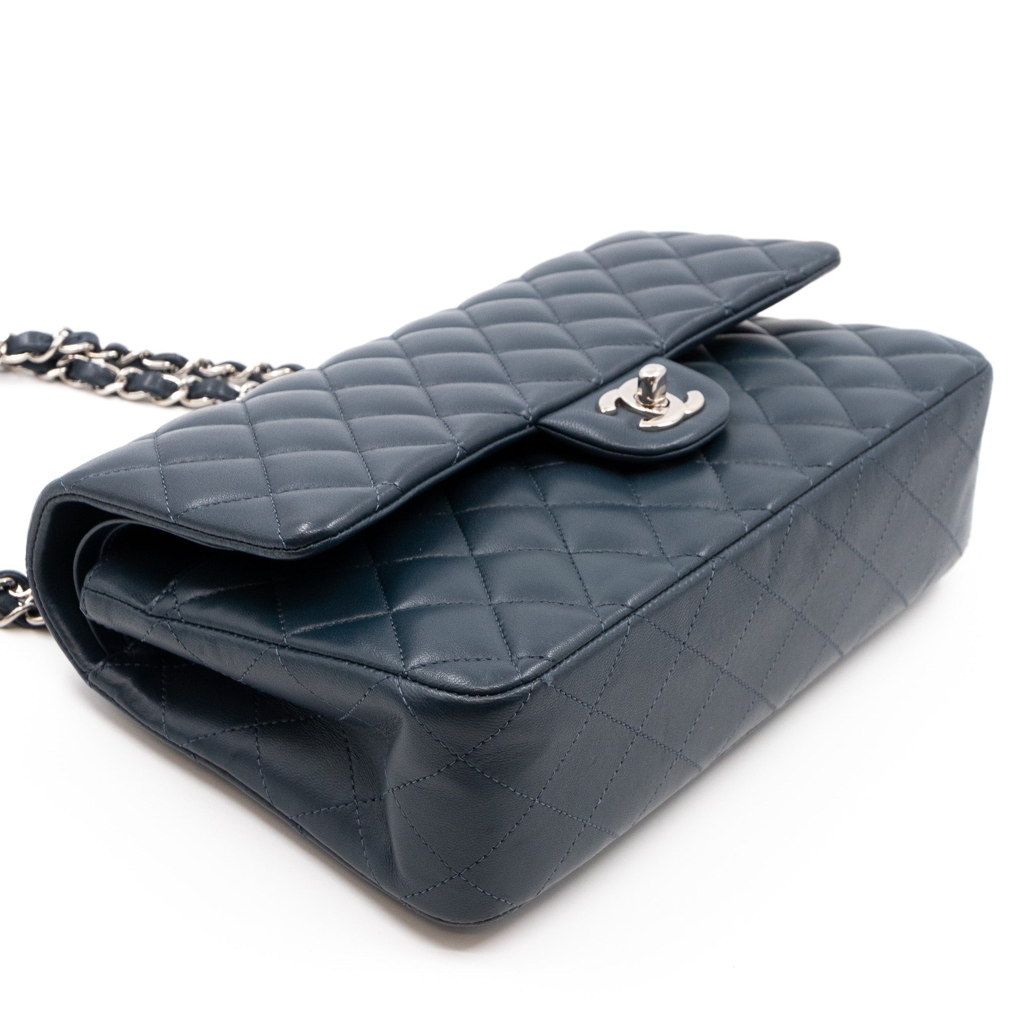 Classic Double Flap Bag Medium Navy Blue Leather Silver