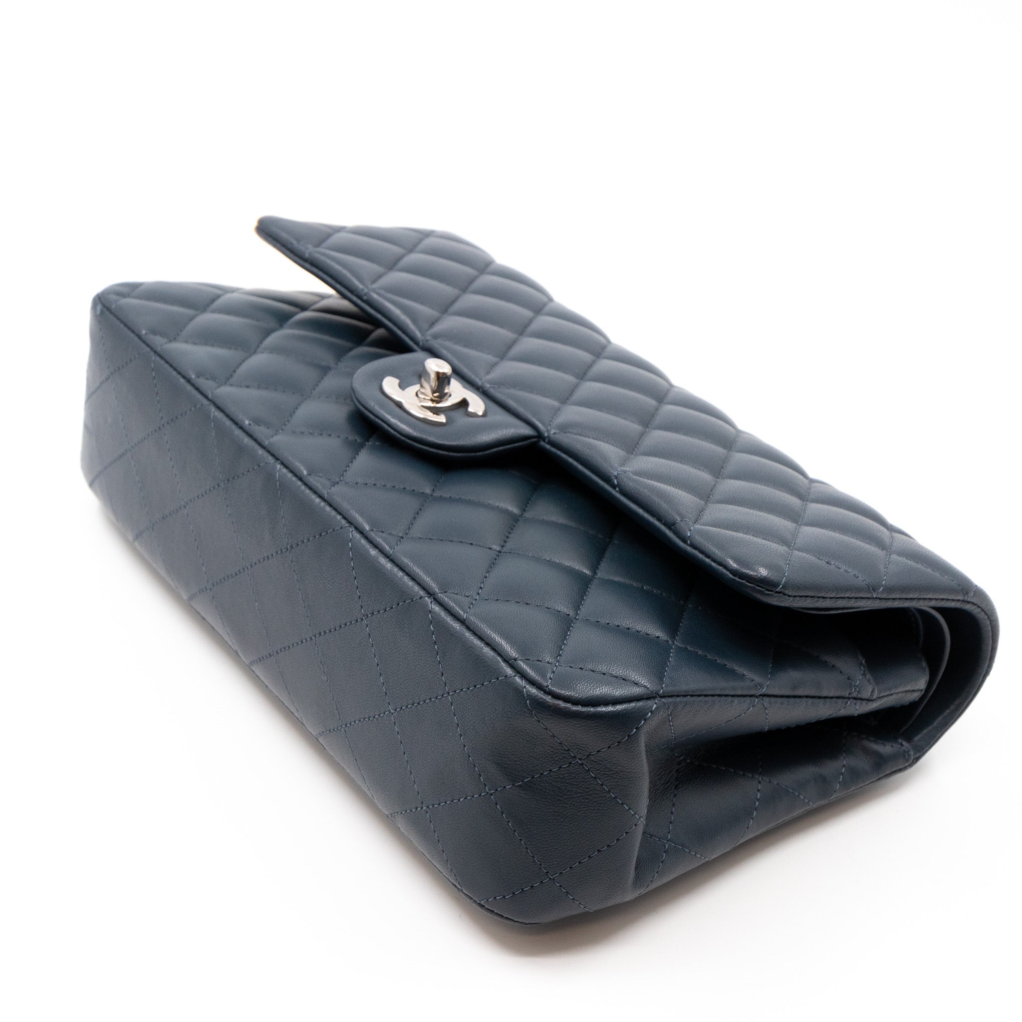 Classic Double Flap Bag Medium Navy Blue Leather Silver