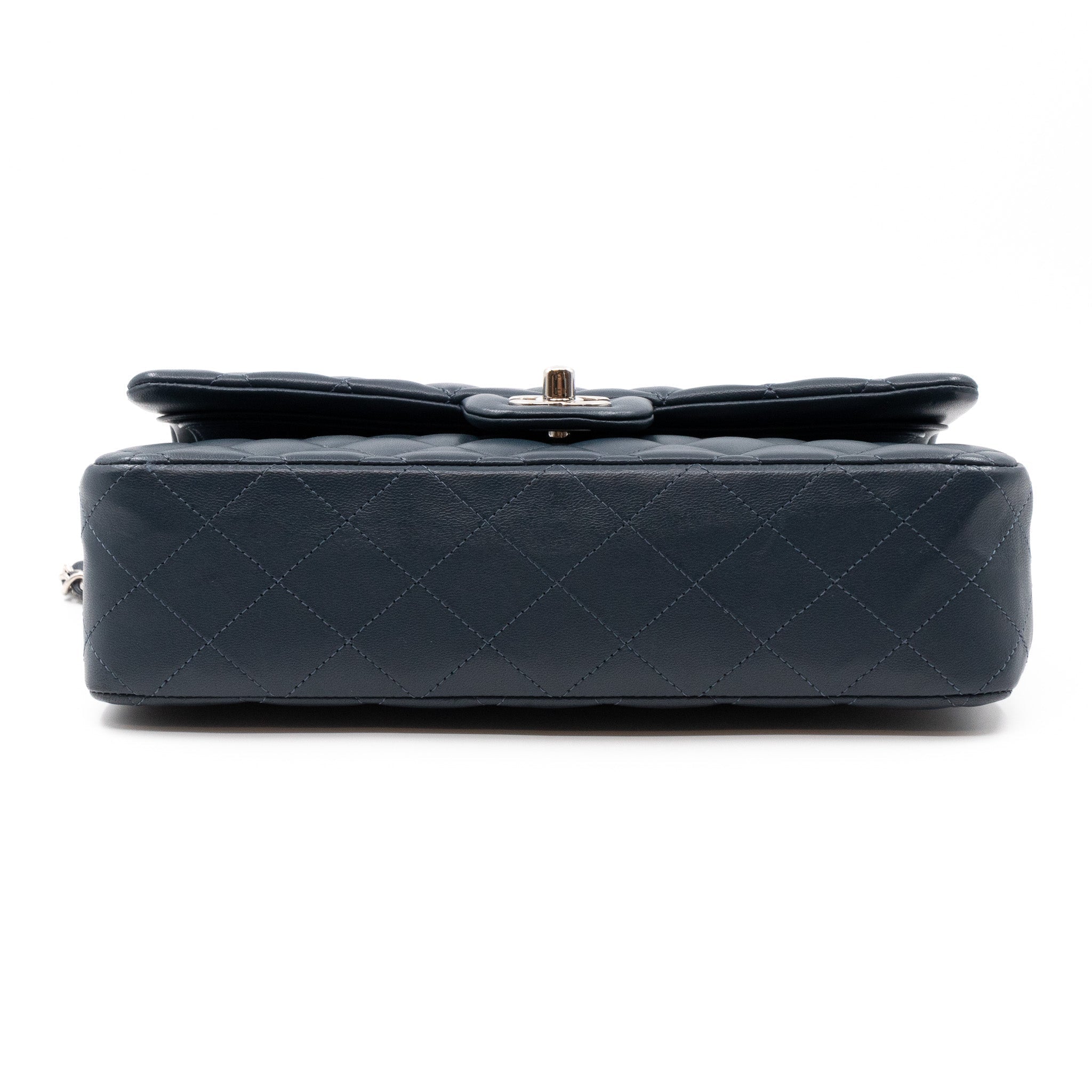 Classic Double Flap Bag Medium Navy Blue Leather Silver