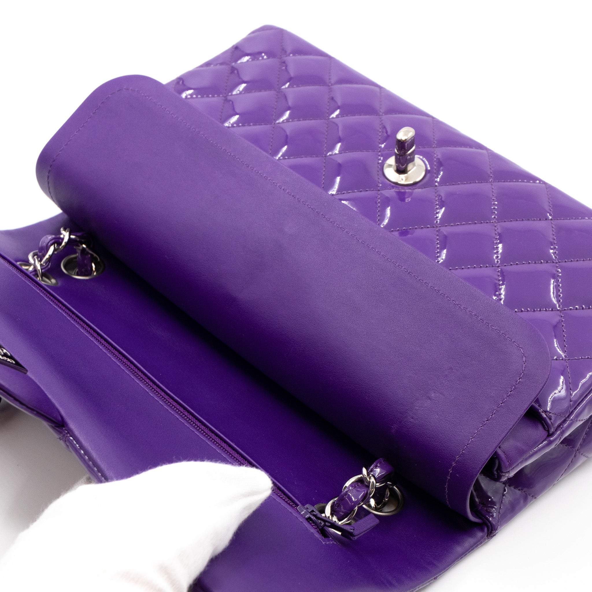 Classic Double Flap Bag Medium Purple Patent Leather Silver