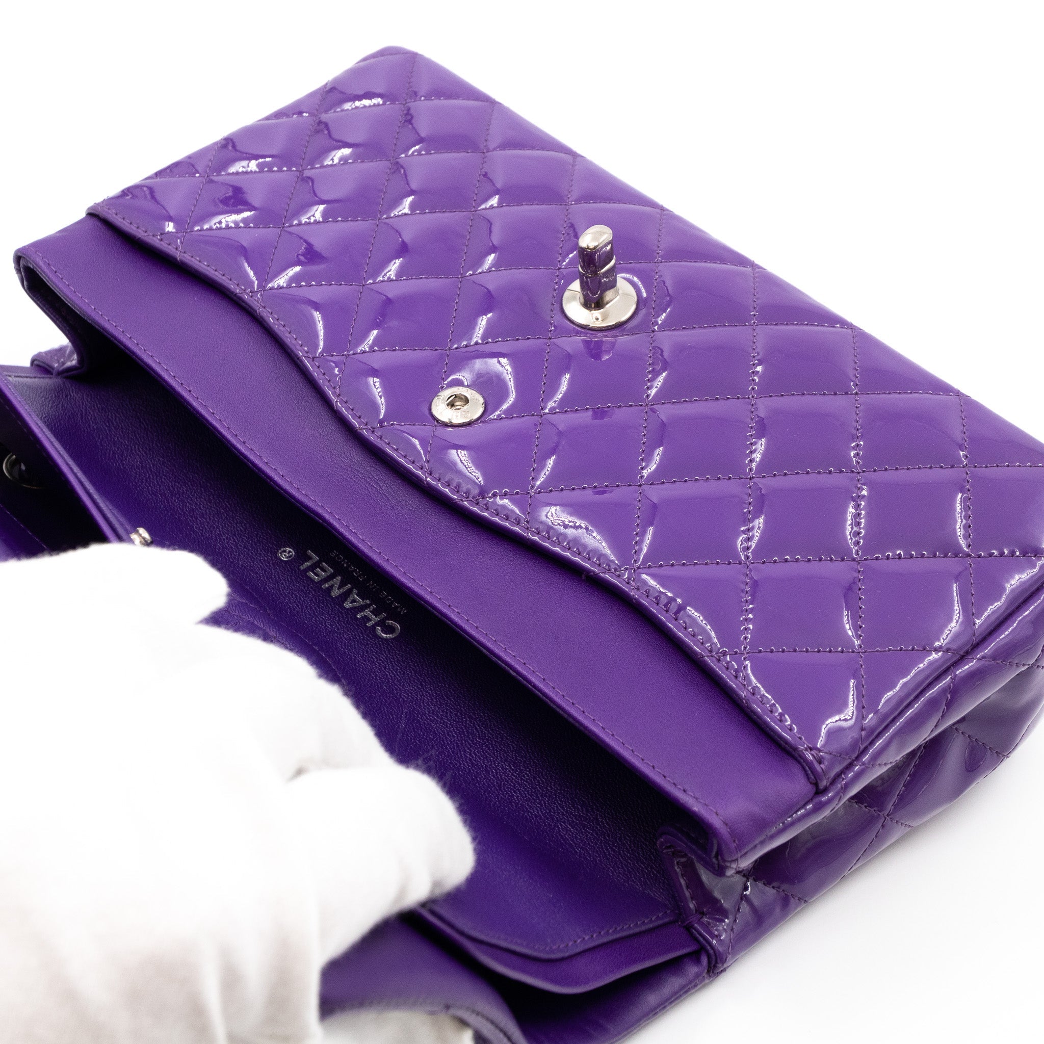 Classic Double Flap Bag Medium Purple Patent Leather Silver