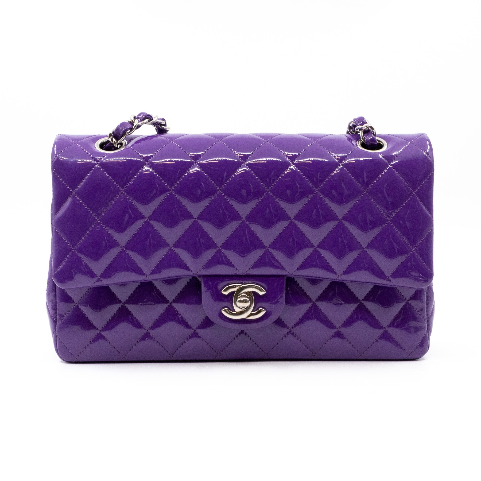 Classic Double Flap Bag Medium Purple Patent Leather Silver