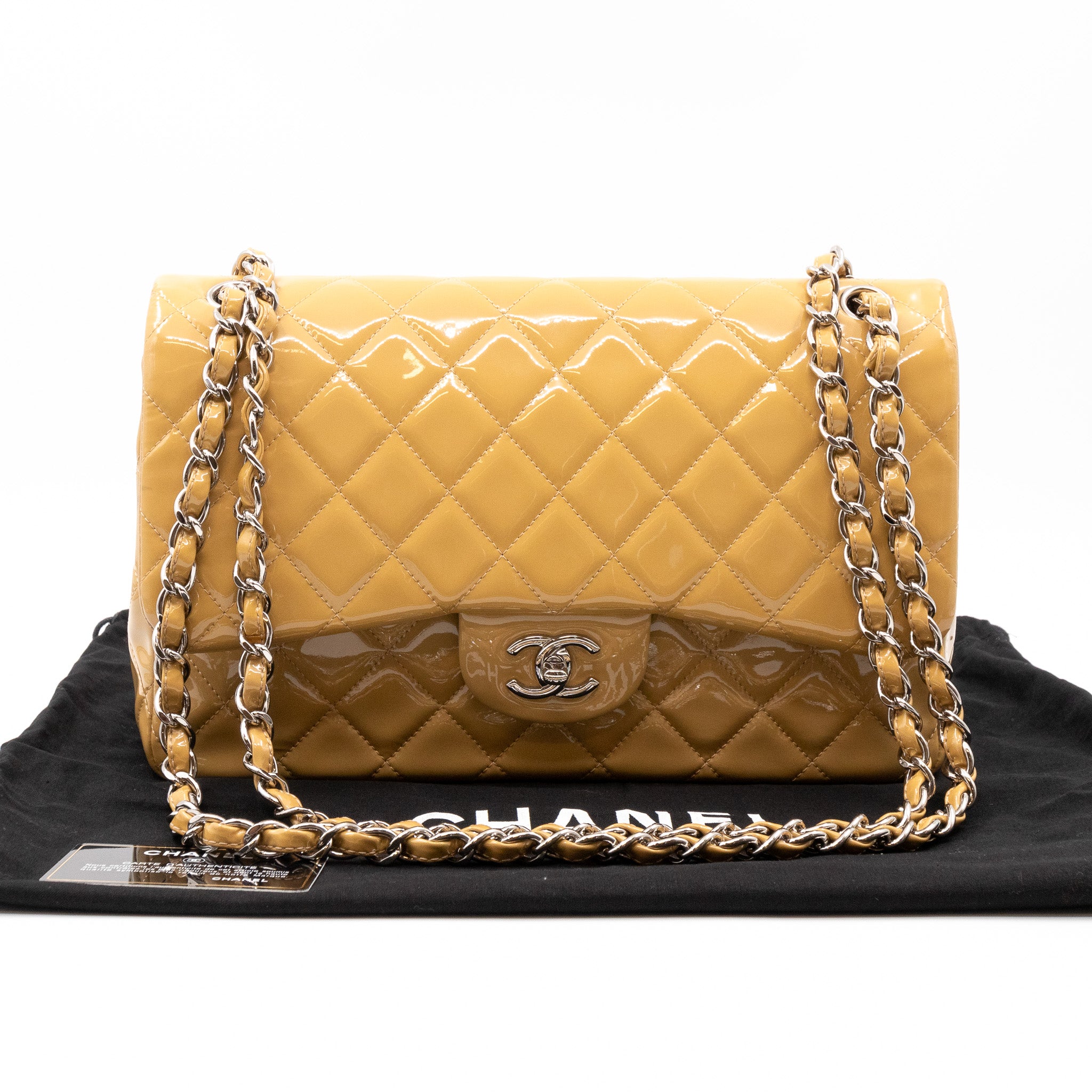 Classic Double Flap Jumbo Dark Beige Patent Leather Silver