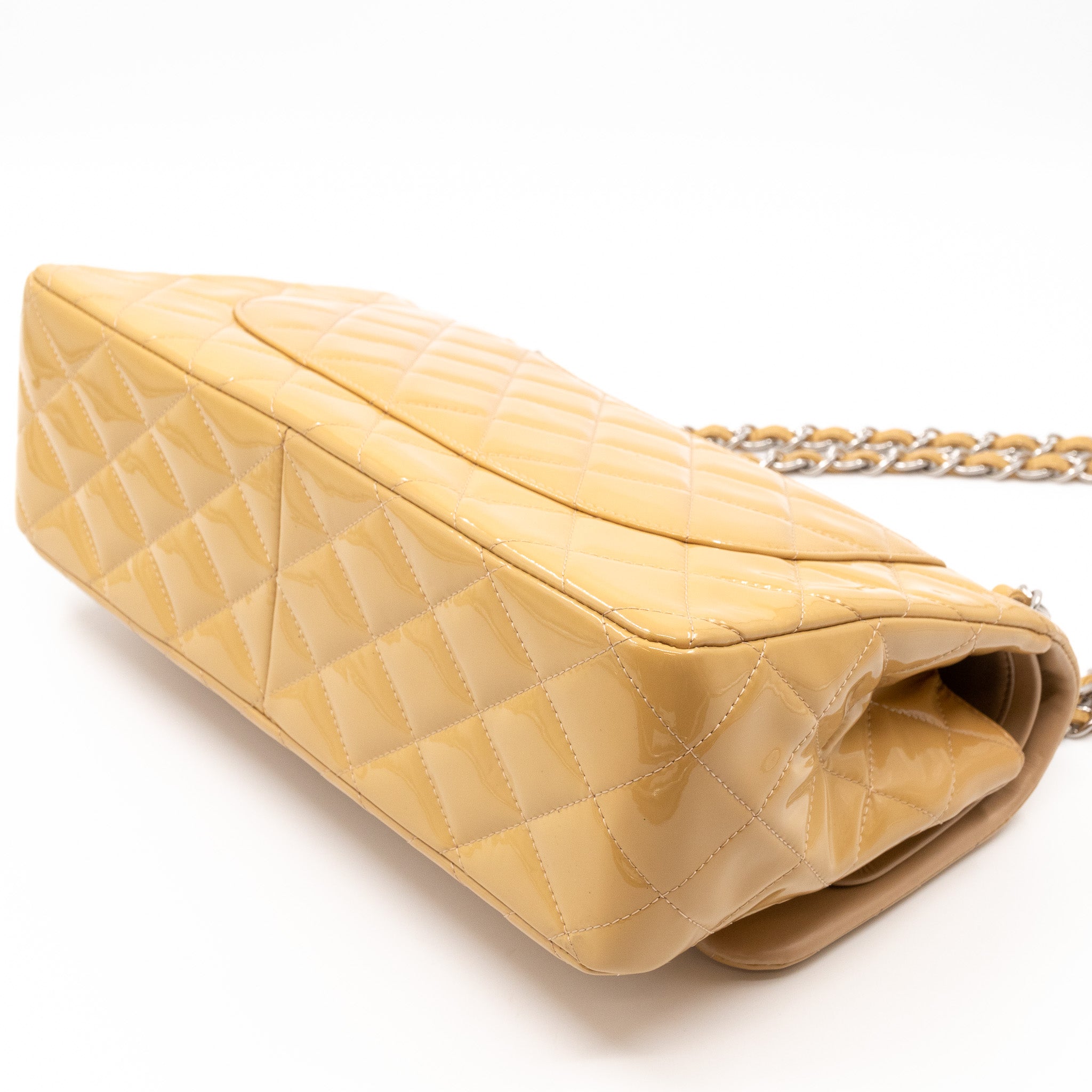 Classic Double Flap Jumbo Dark Beige Patent Leather Silver