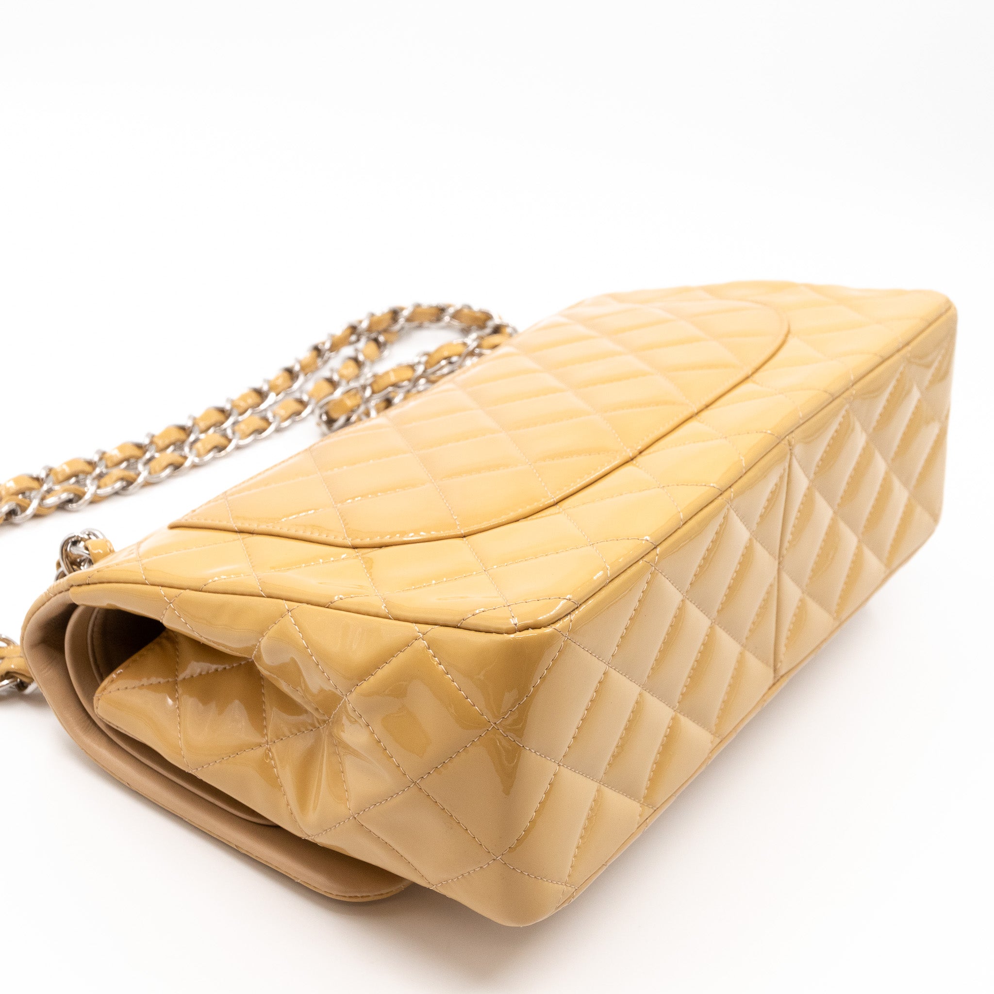 Classic Double Flap Jumbo Dark Beige Patent Leather Silver