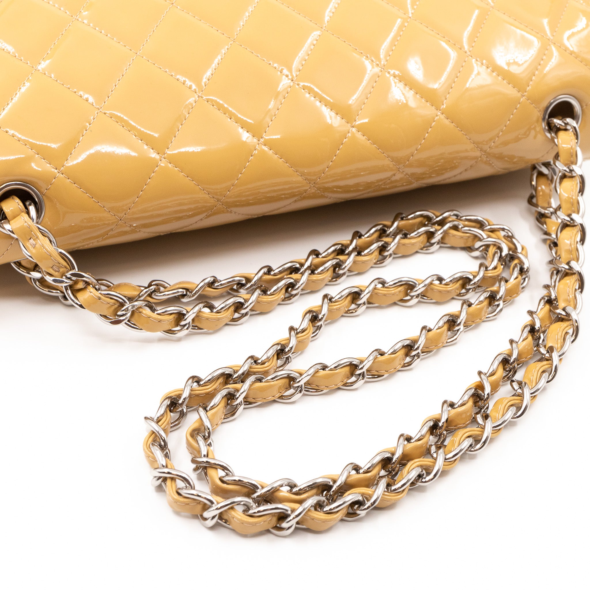 Classic Double Flap Jumbo Dark Beige Patent Leather Silver