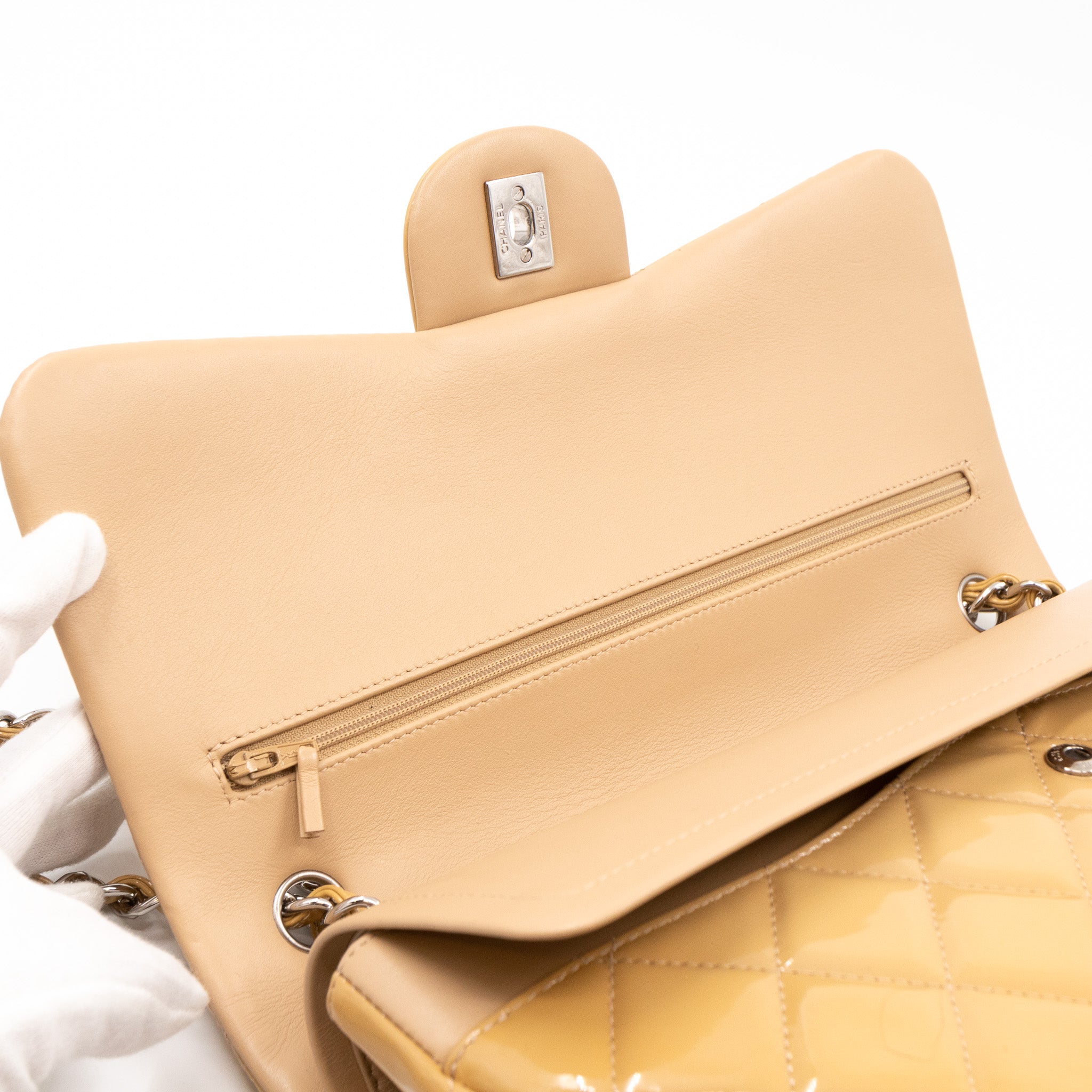 Classic Double Flap Jumbo Dark Beige Patent Leather Silver