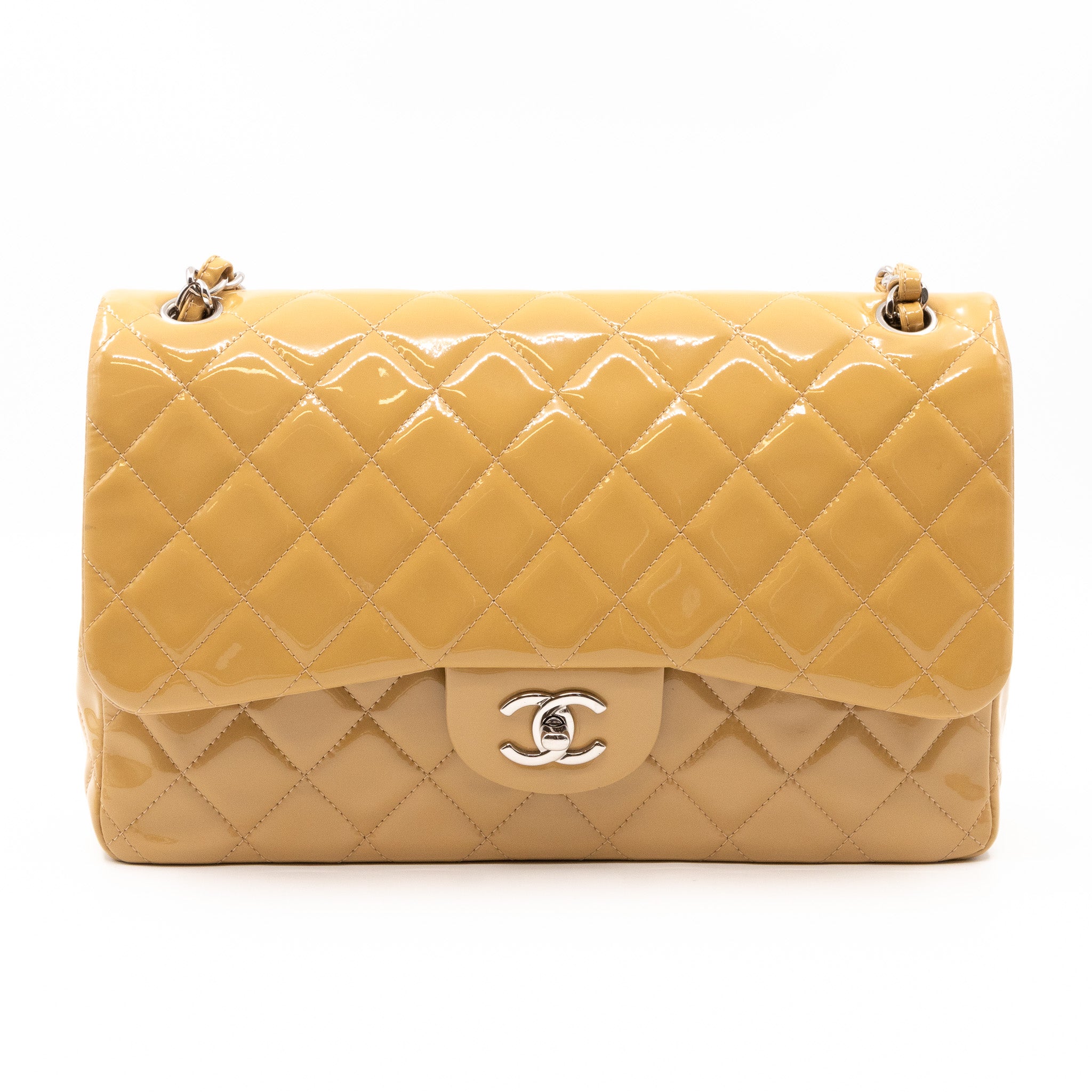 Classic Double Flap Jumbo Dark Beige Patent Leather Silver