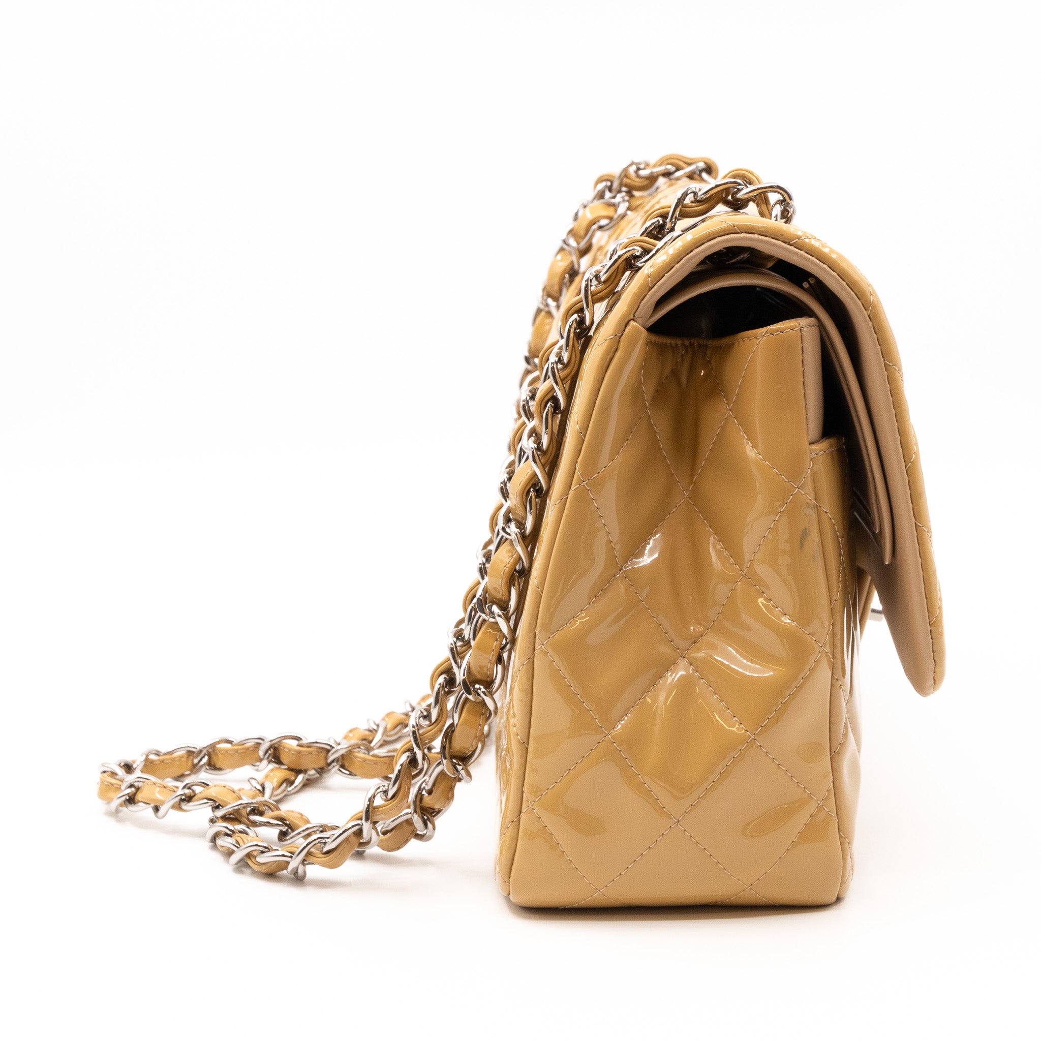 Classic Double Flap Jumbo Dark Beige Patent Leather Silver