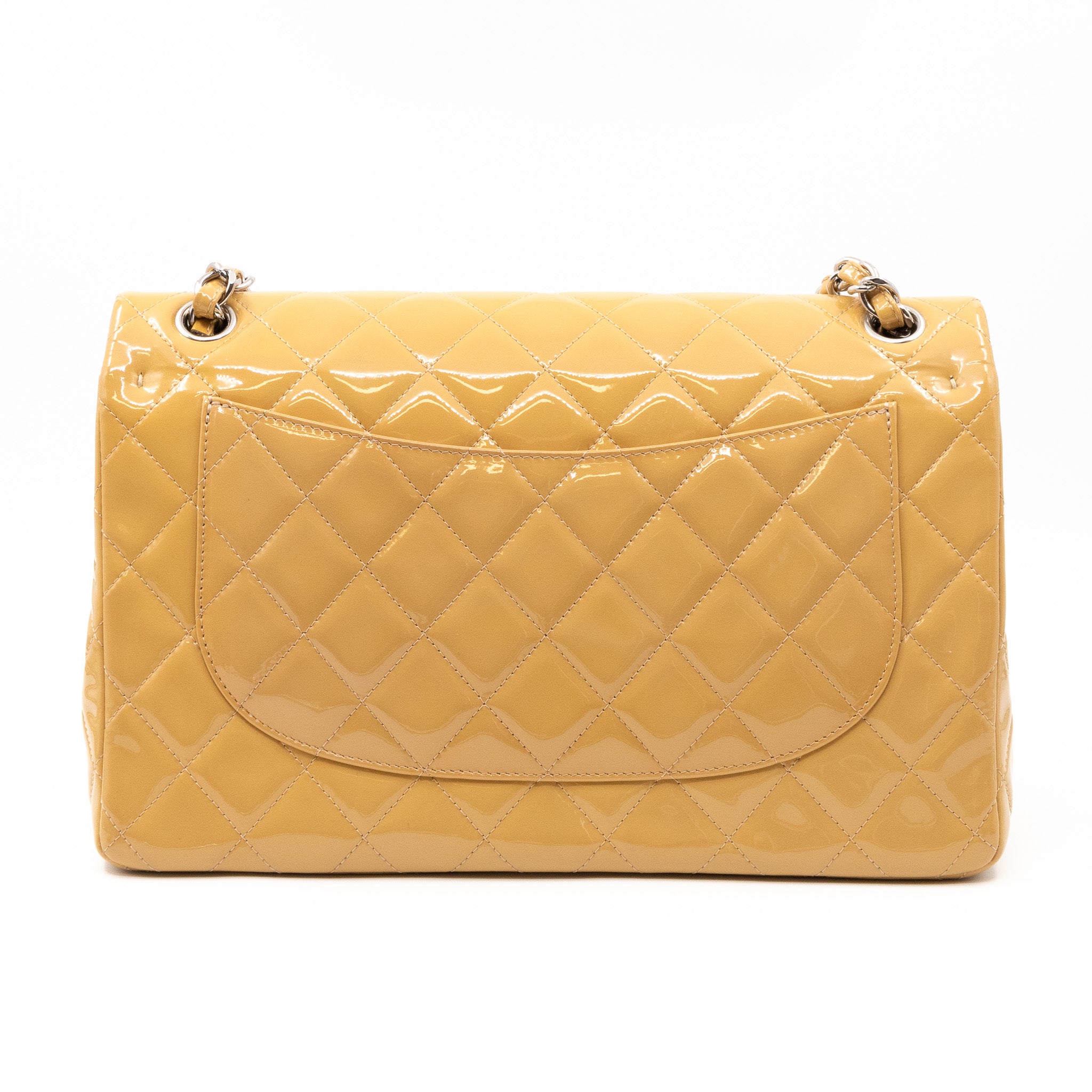 Classic Double Flap Jumbo Dark Beige Patent Leather Silver