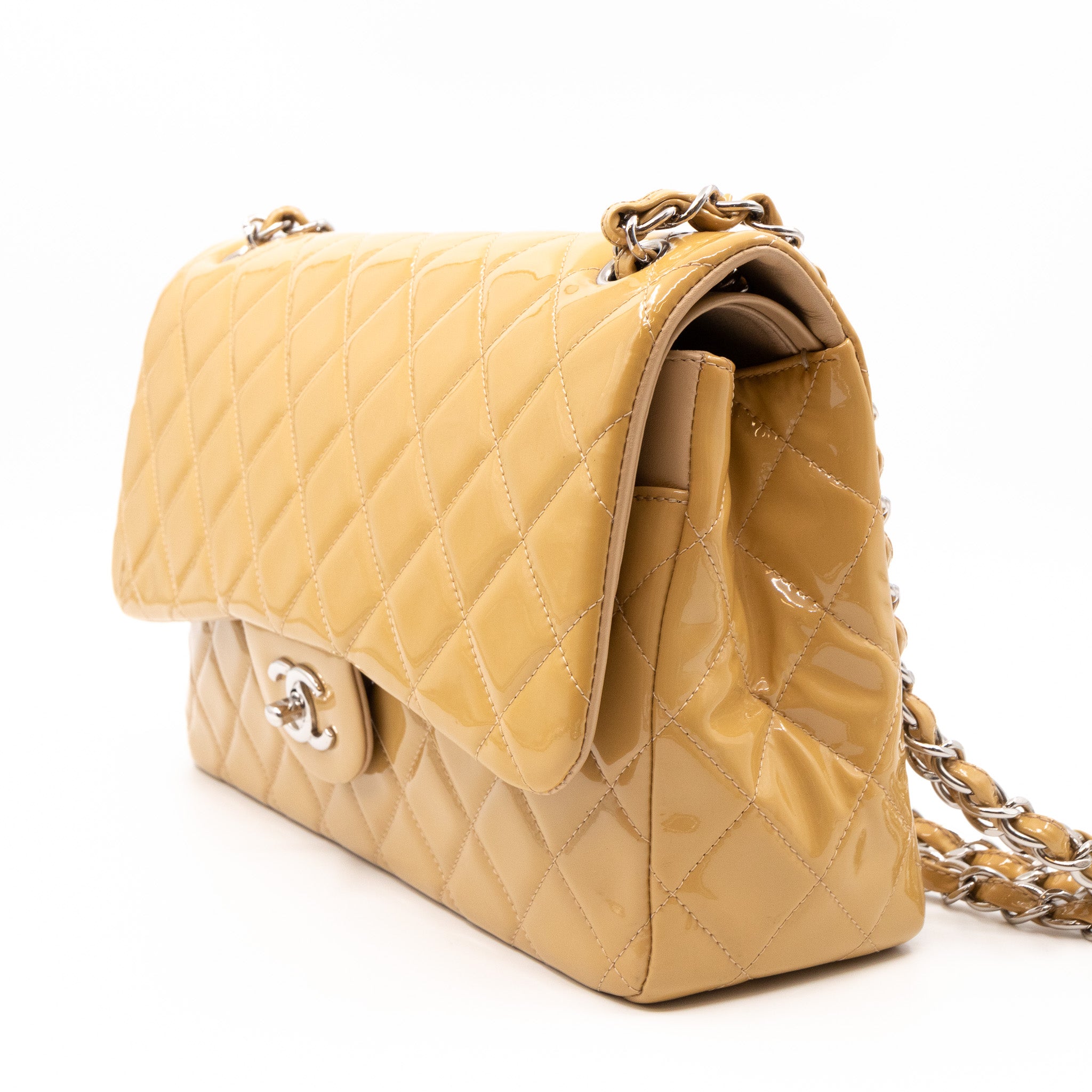 Classic Double Flap Jumbo Dark Beige Patent Leather Silver