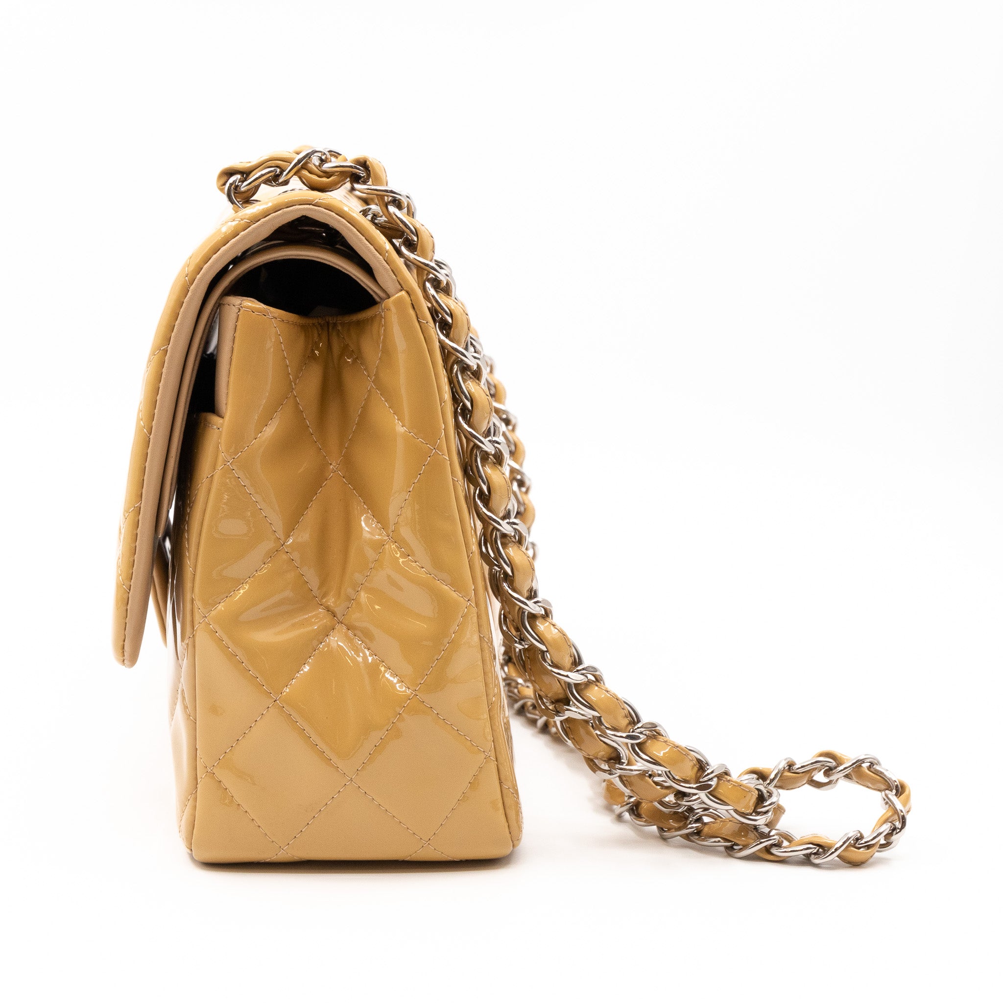 Classic Double Flap Jumbo Dark Beige Patent Leather Silver