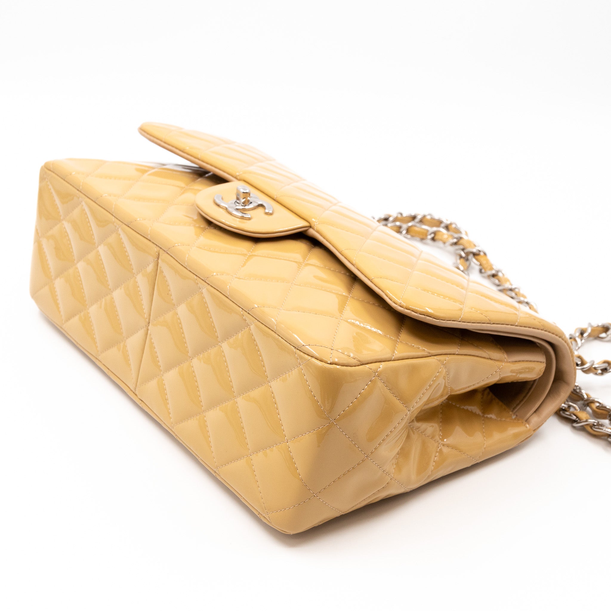 Classic Double Flap Jumbo Dark Beige Patent Leather Silver