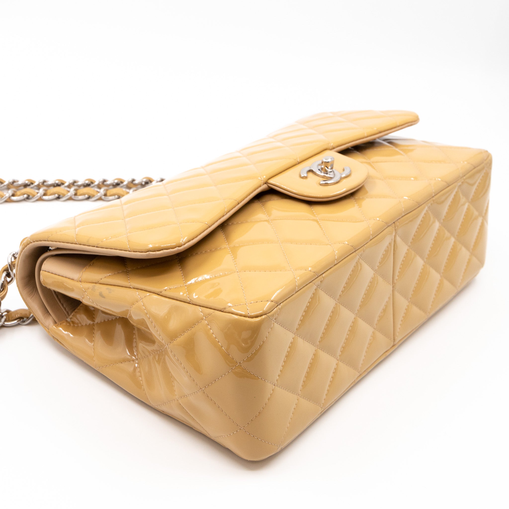 Classic Double Flap Jumbo Dark Beige Patent Leather Silver