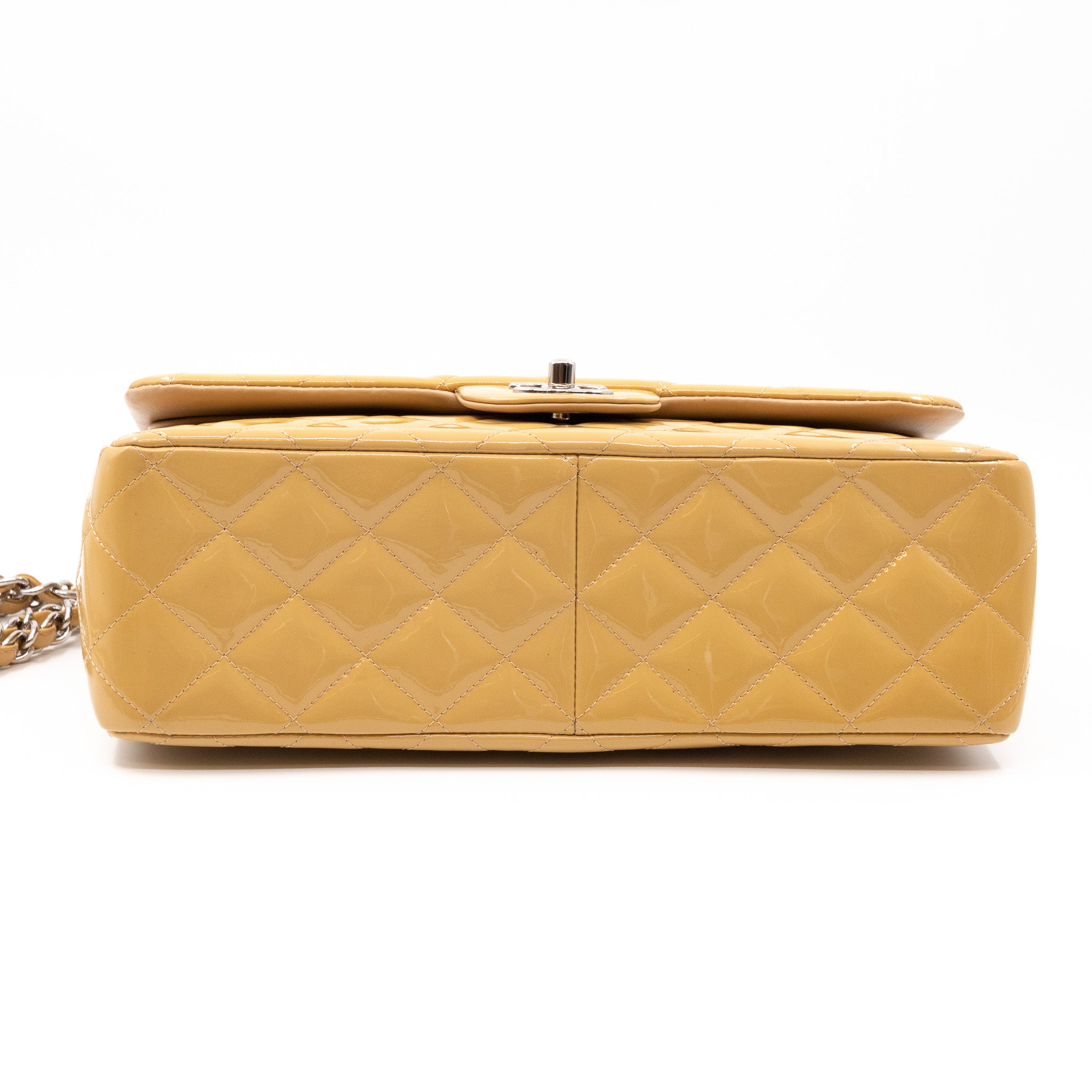 Classic Double Flap Jumbo Dark Beige Patent Leather Silver