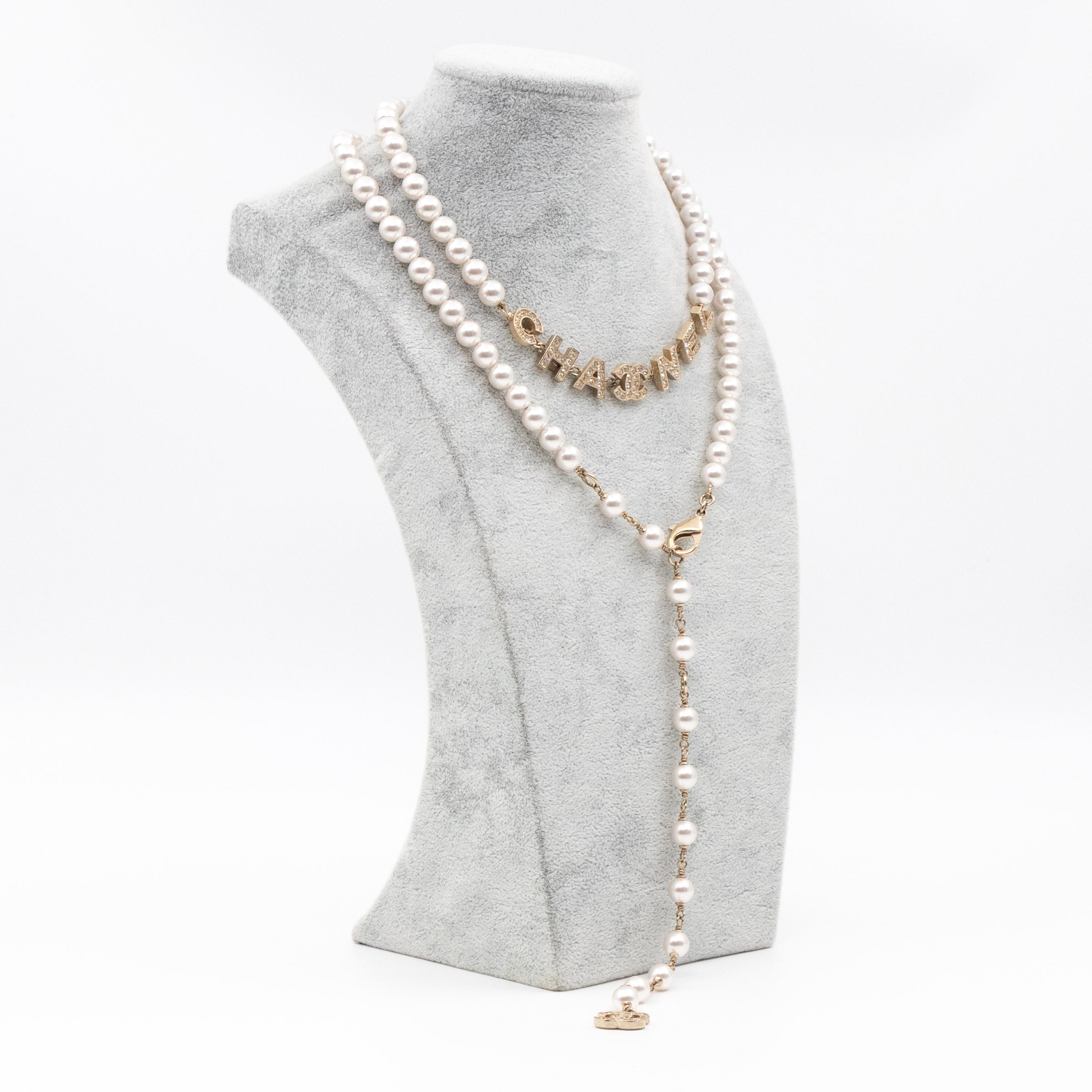 Crystal Chanel Logo Pearl Necklace