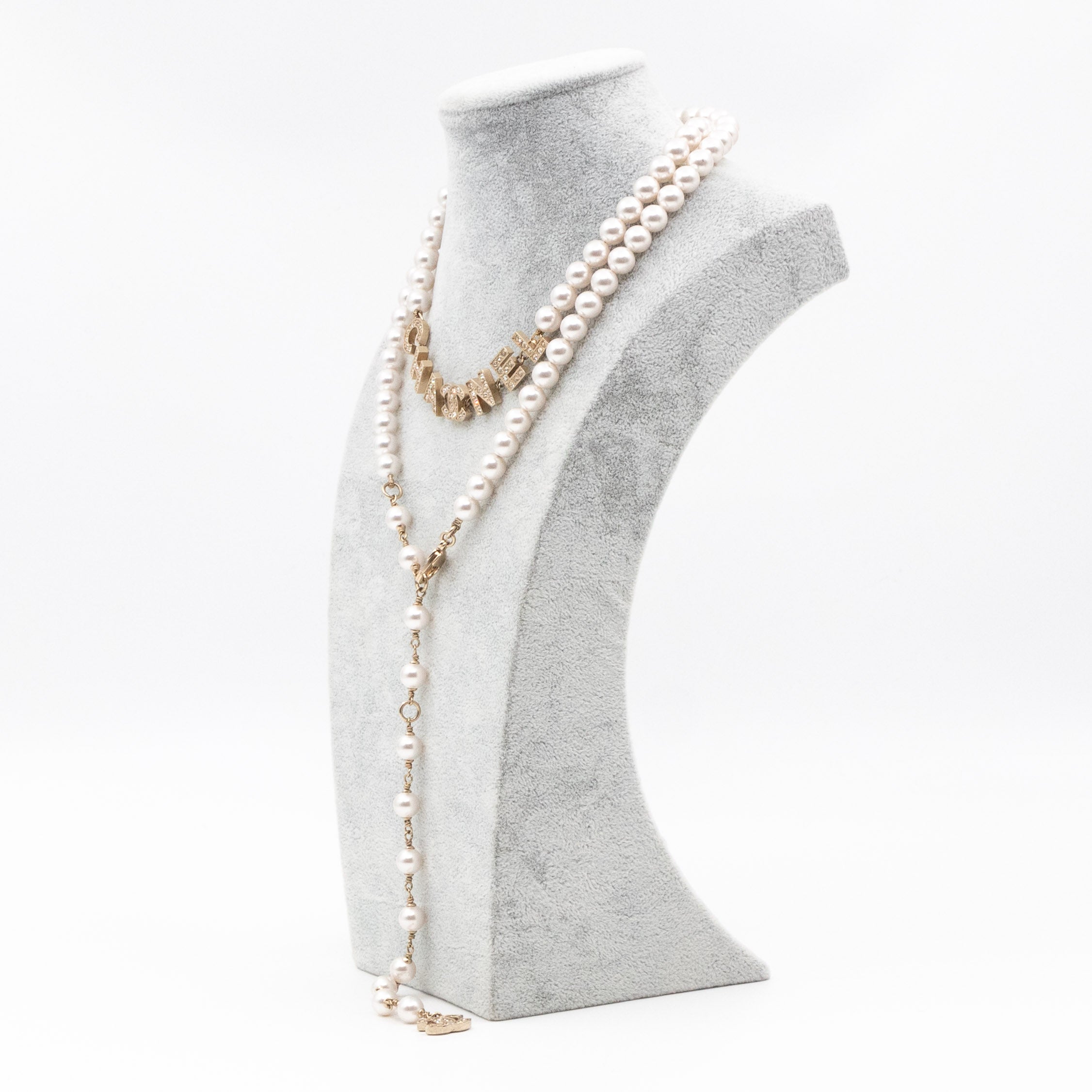 Crystal Chanel Logo Pearl Necklace