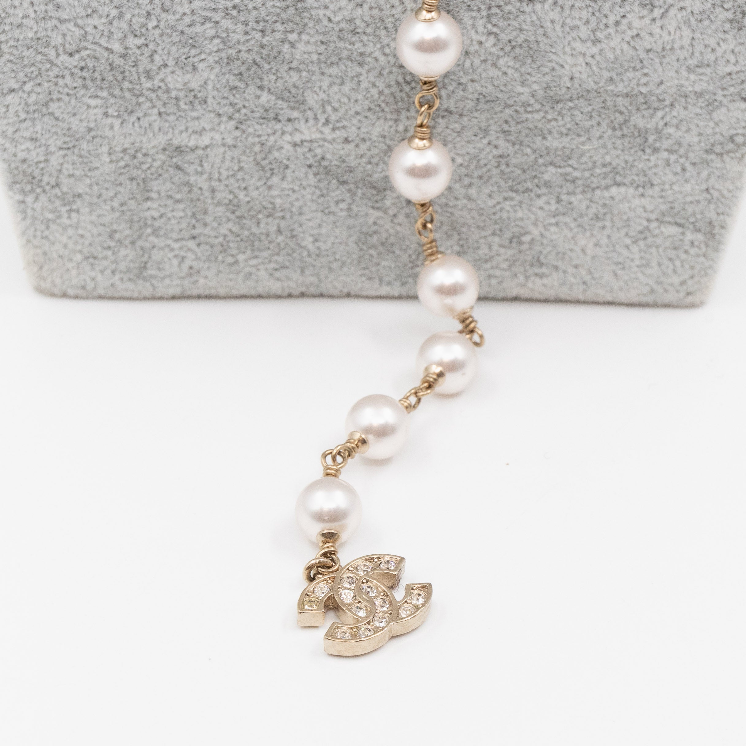 Crystal Chanel Logo Pearl Necklace