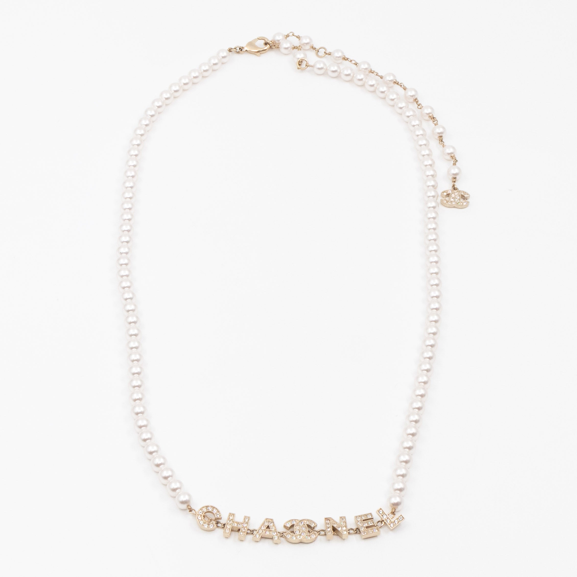 Crystal Chanel Logo Pearl Necklace
