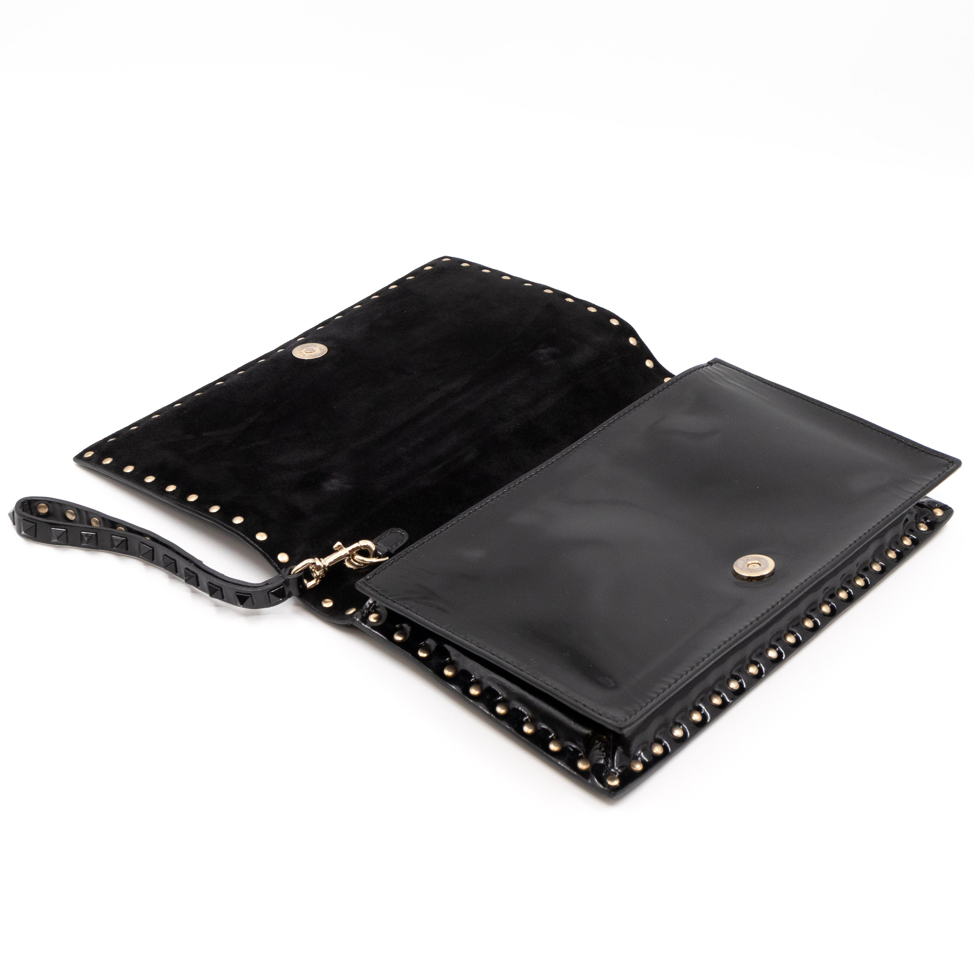 Rockstud Flap Clutch Black Patent Leather