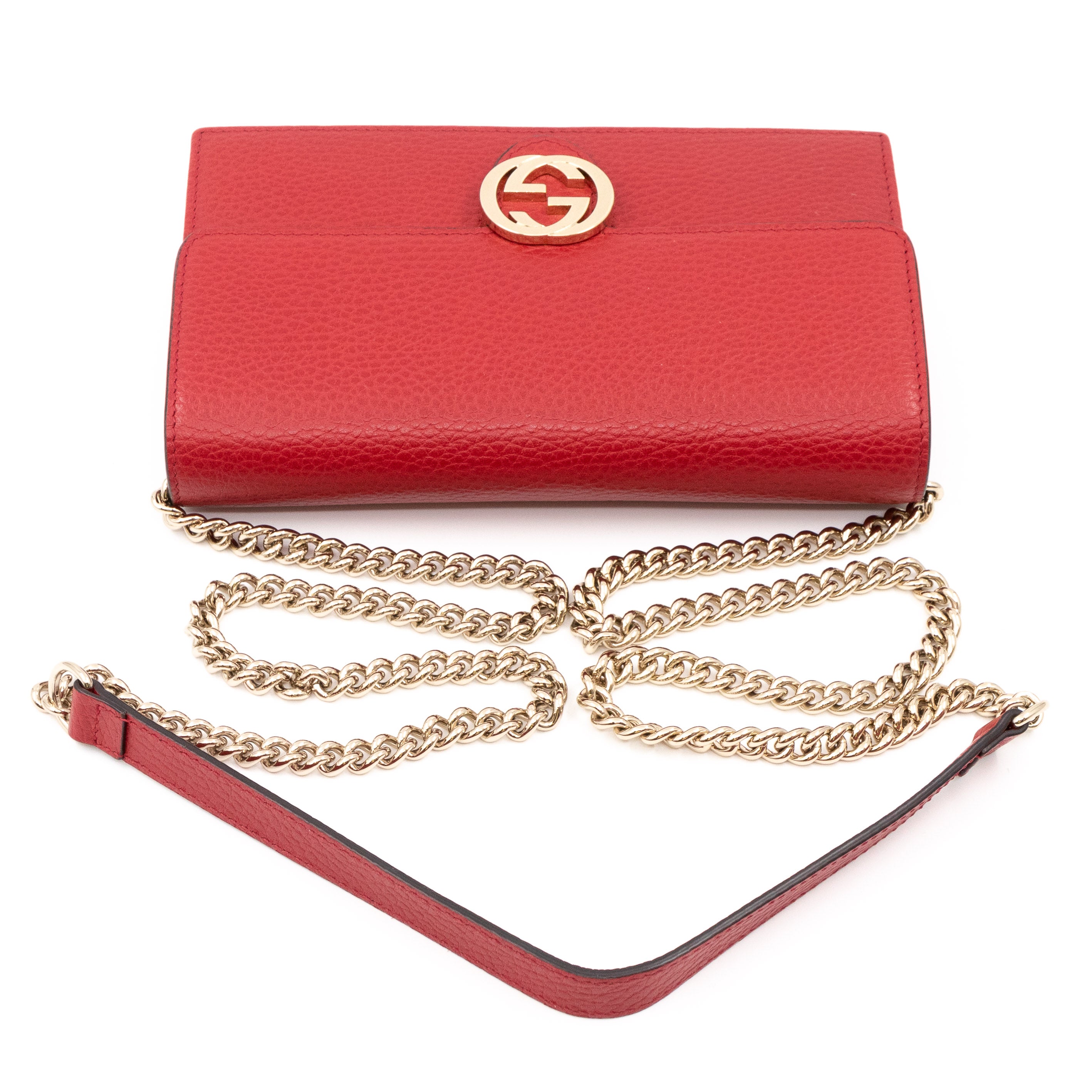 Interlocking GG Chain Wallet Red Leather