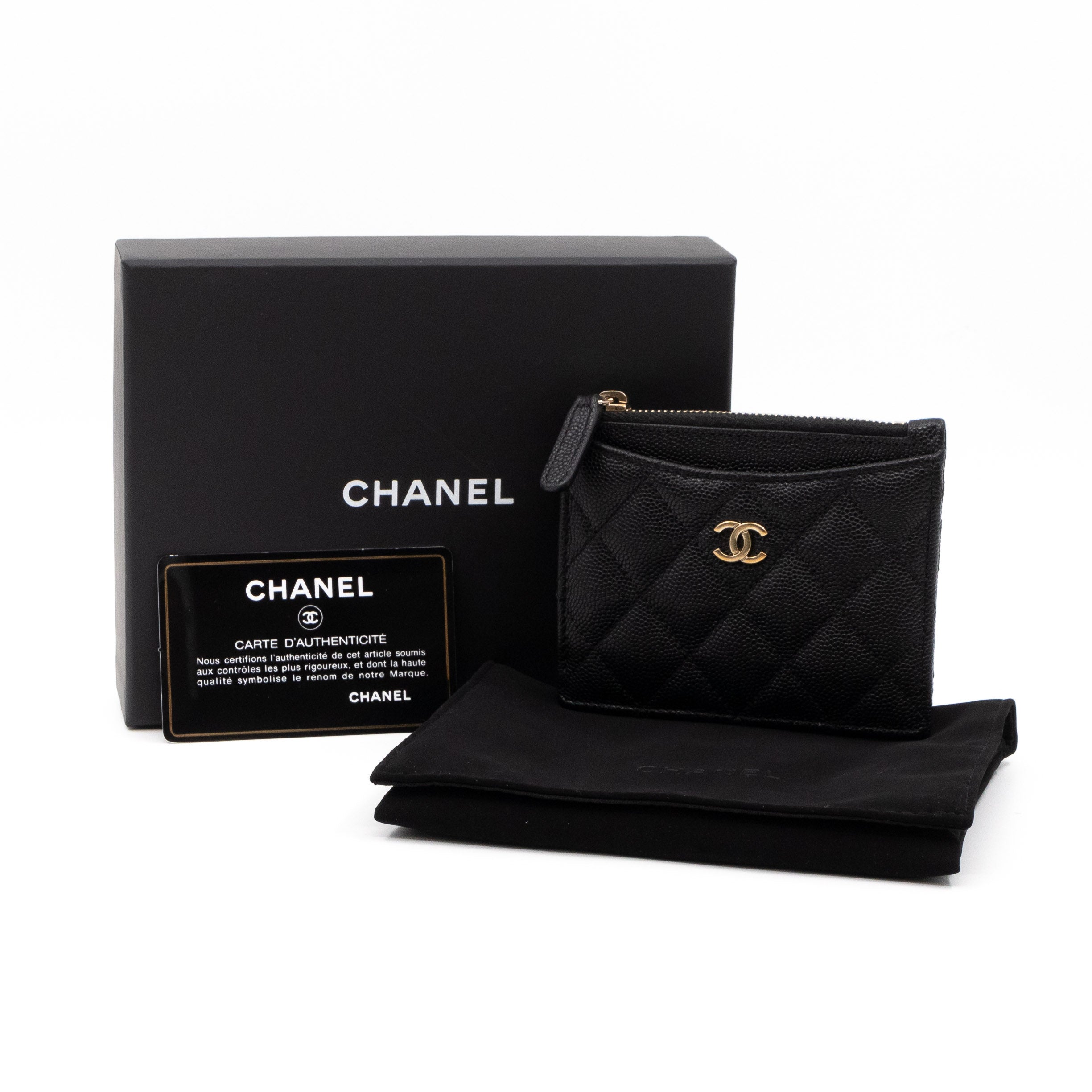 Chanel Zipped Card Holder Black Caviar Leather Light Gold Hardware